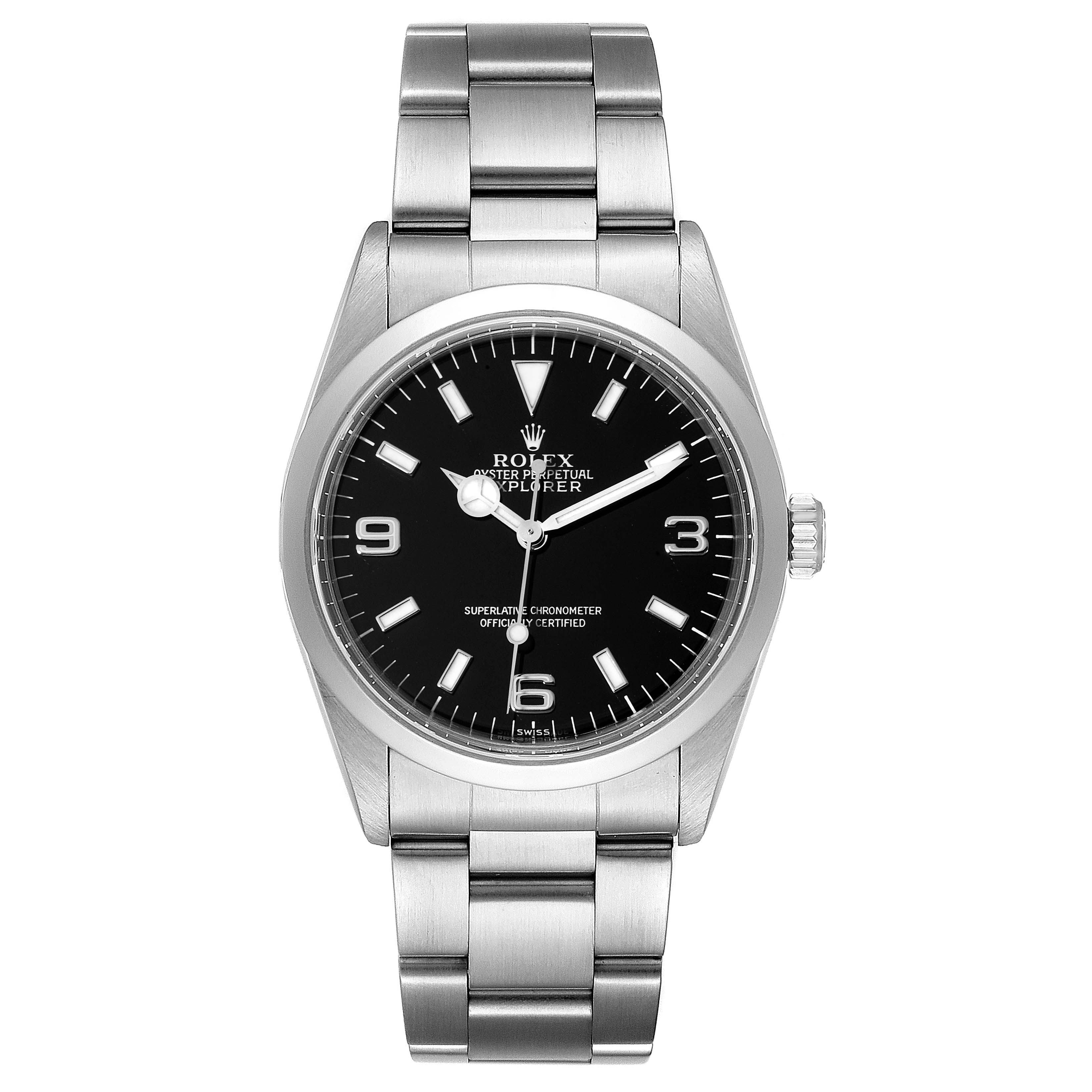 The image shows a front view of the Rolex Explorer 14270 Men
s Stainless Steel Black Dial 14270 Men
s Stainless Steel Black Dial watch, highlighting its black dial, stainless steel case, and bracelet.