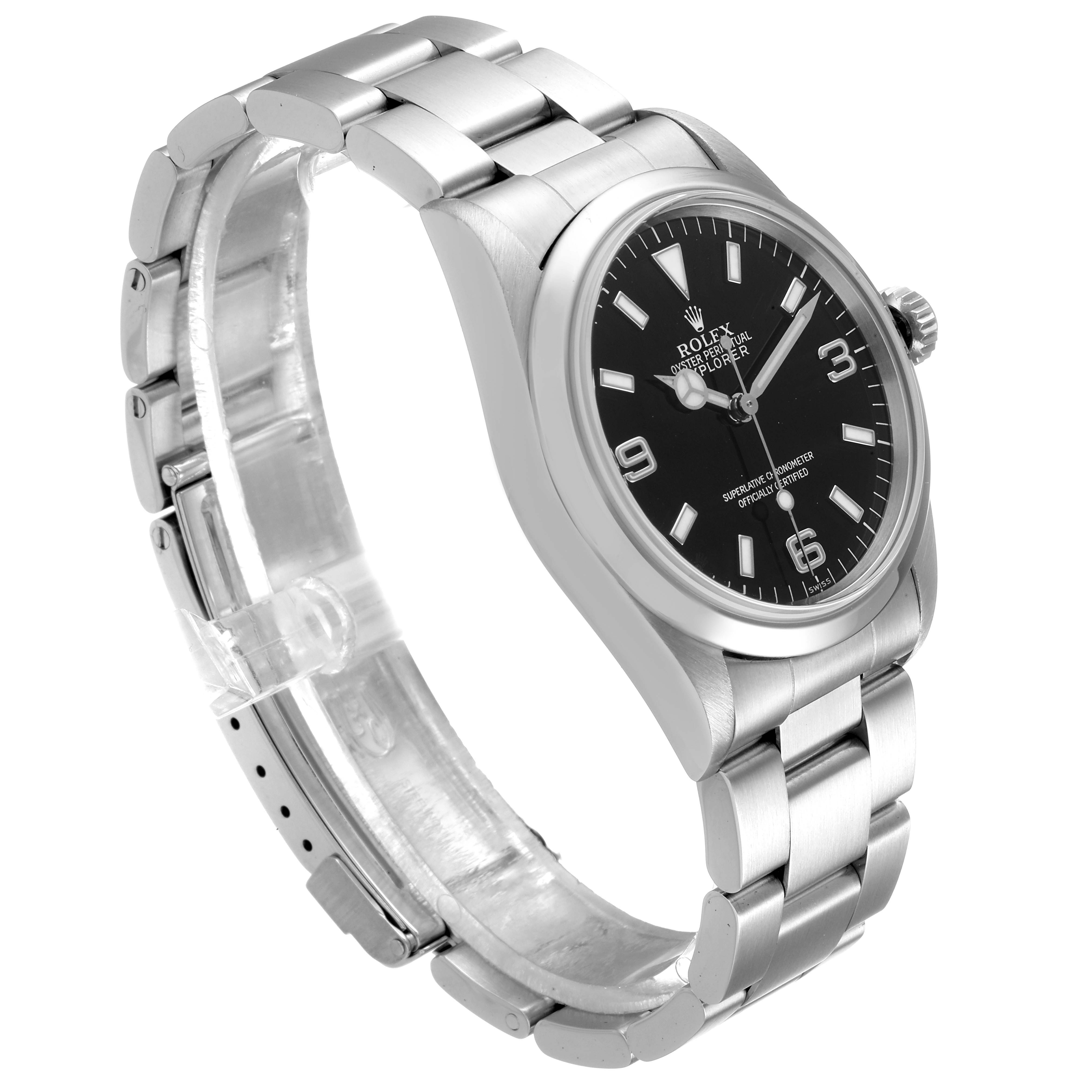 The Rolex Explorer 14270 Men
s Stainless Steel Black Dial 14270 Men
s Stainless Steel Black Dial watch is shown at a slight angle, highlighting the bracelet, case, dial, and crown.