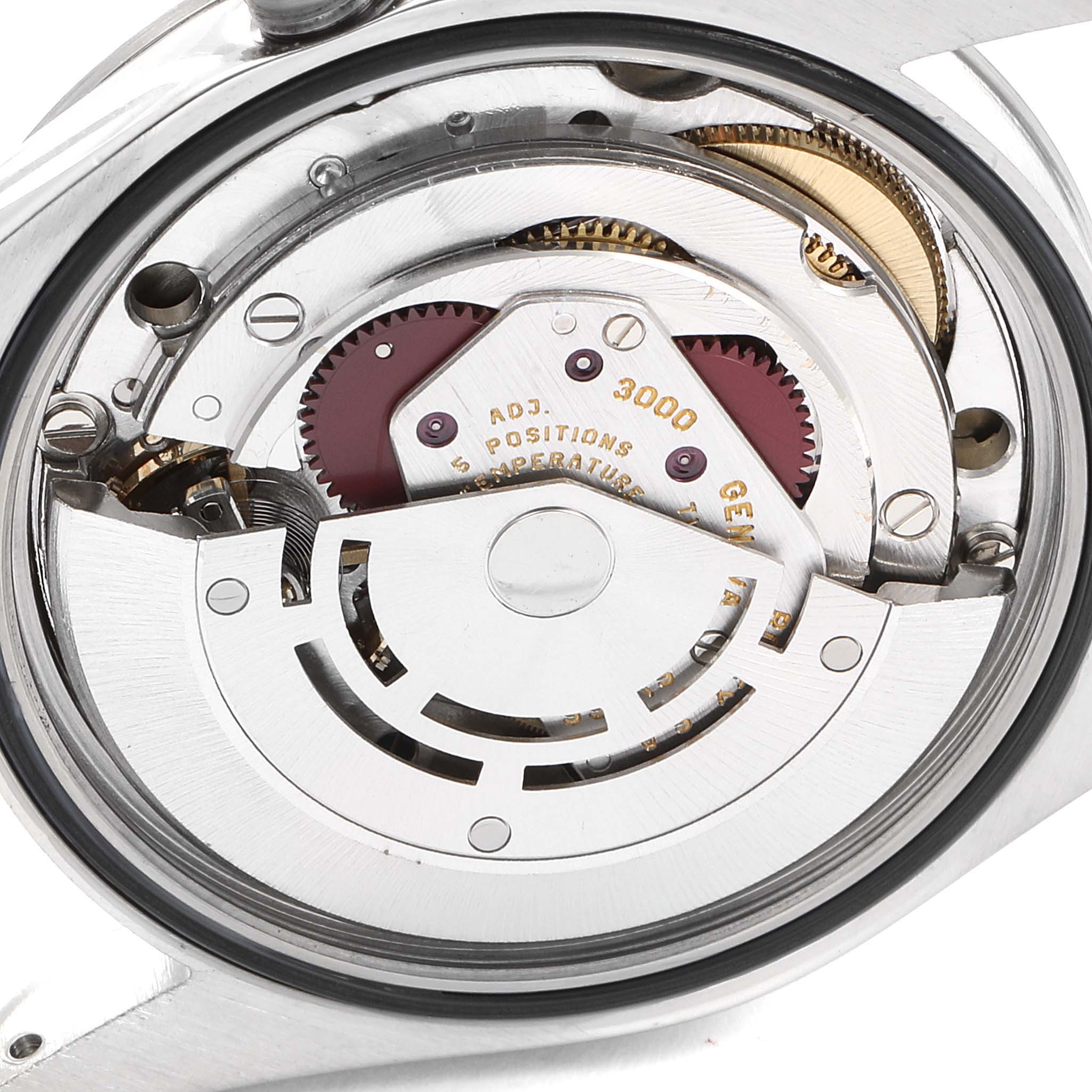 This is a close-up view of the movement inside a Rolex Explorer 14270 Men
s Stainless Steel Black Dial 14270 Men
s Stainless Steel Black Dial watch, showcasing its intricate components from the back.