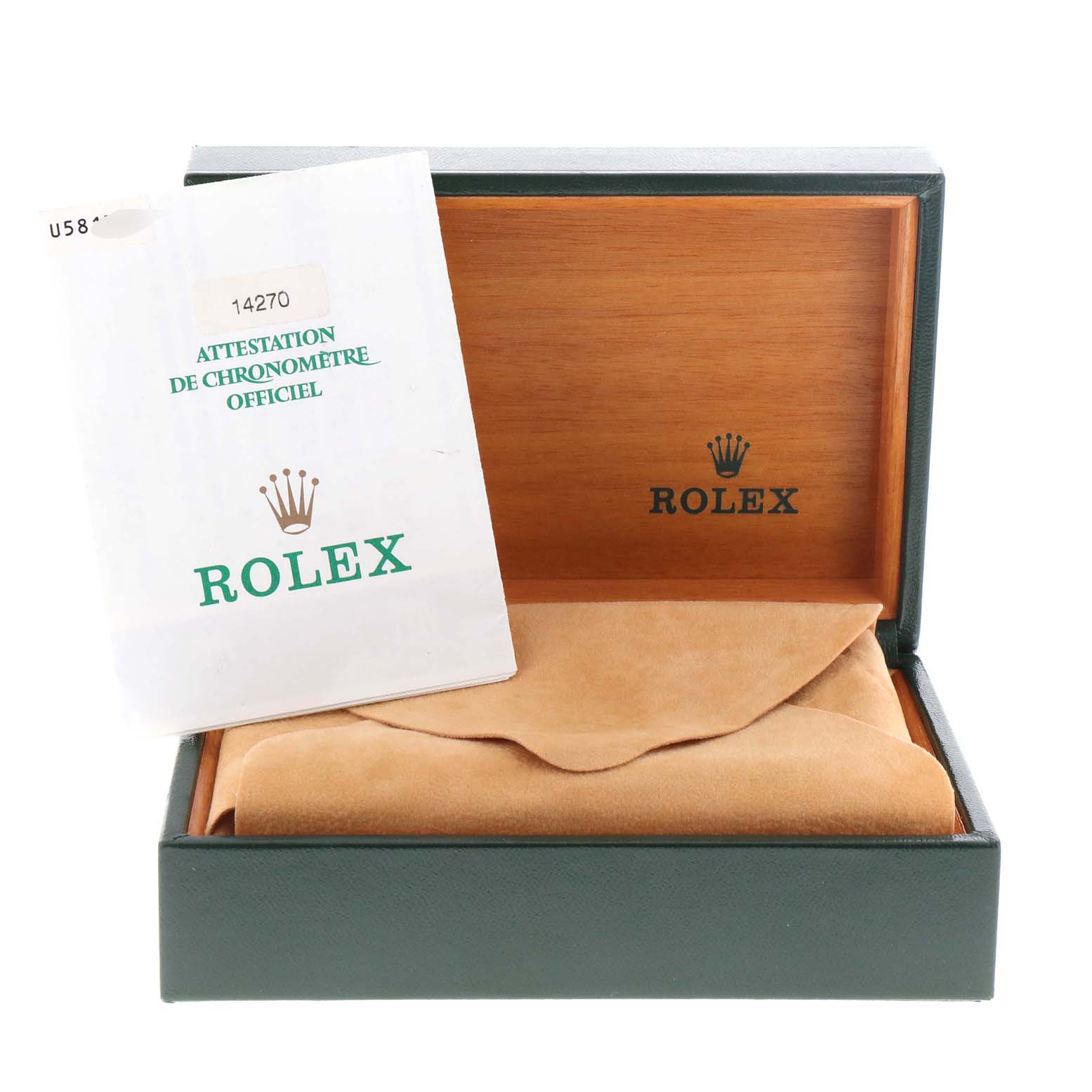 The image shows a Rolex Explorer 14270 Men
s Stainless Steel Black Dial 14270 Men
s Stainless Steel Black Dial watch box, a certificate booklet, and a suede pouch inside an open wooden box.
