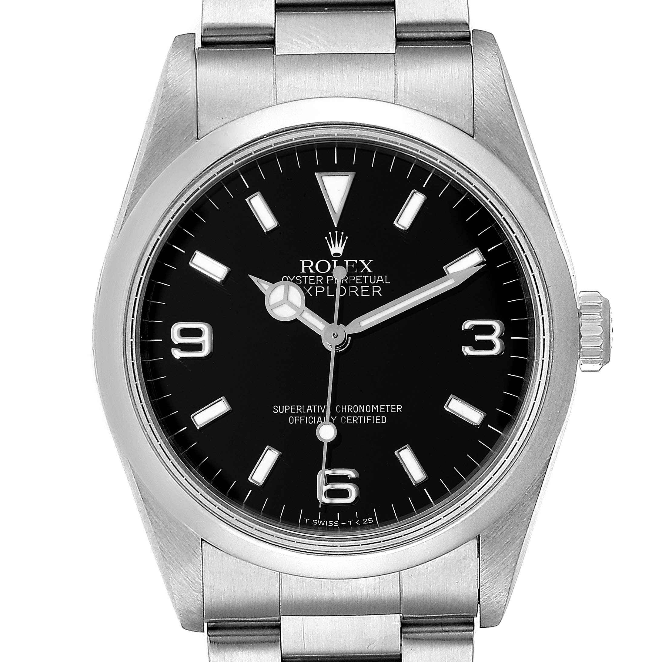 This image shows a front view of the Rolex Explorer 14270 Men
s Stainless Steel Black Dial 14270 Men
s Stainless Steel Black Dial watch, highlighting its dial, hands, and part of the bracelet.