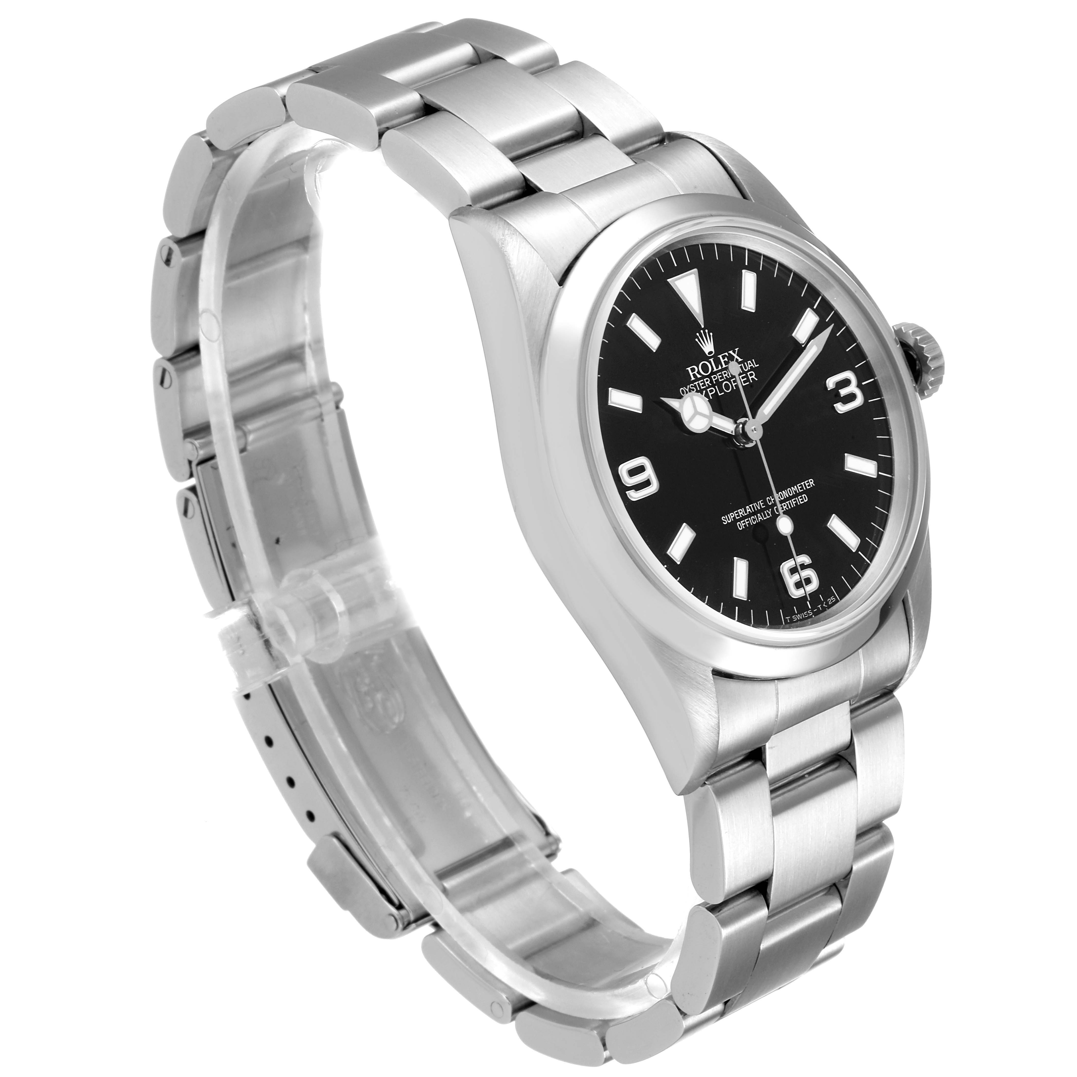 The image shows a side angle of the Rolex Explorer 14270 Men
s Stainless Steel Black Dial 14270 Men
s Stainless Steel Black Dial watch, highlighting its stainless steel bracelet, bezel, and black dial.