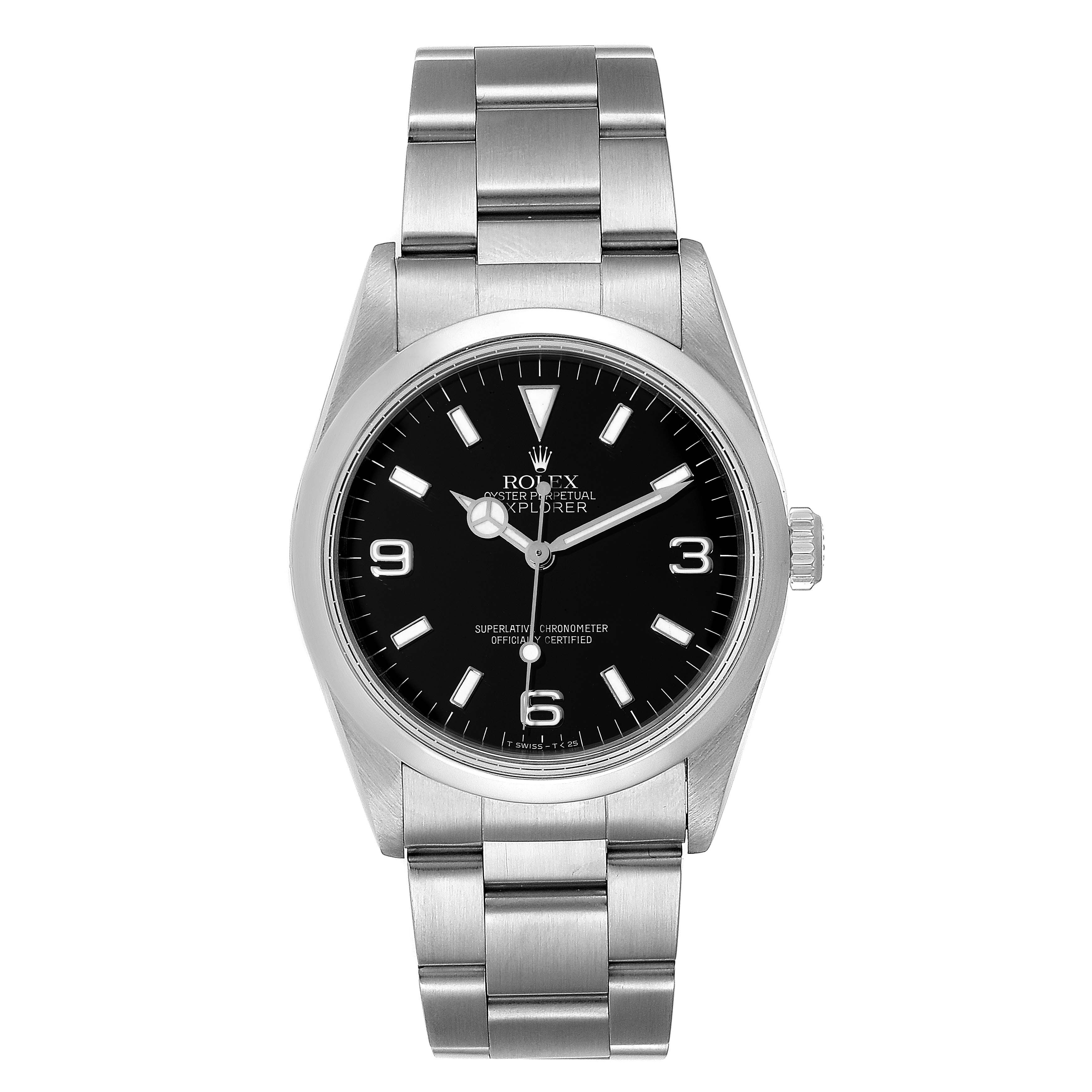 This is a close-up, front view of the Rolex Explorer 14270 Men
s Stainless Steel Black Dial 14270 Men
s Stainless Steel Black Dial watch showing the dial, hands, and a portion of the bracelet.