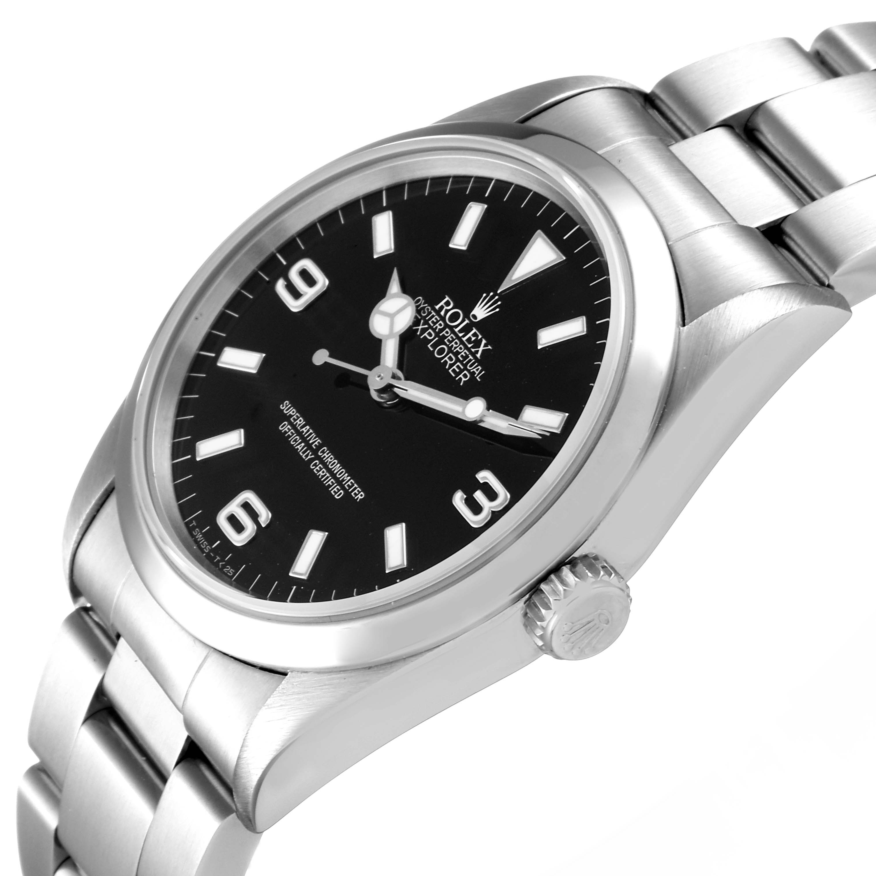 The image shows a side angle of a Rolex Explorer 14270 Men
s Stainless Steel Black Dial 14270 Men
s Stainless Steel Black Dial model, displaying its black face, hour markers, and metal bracelet.