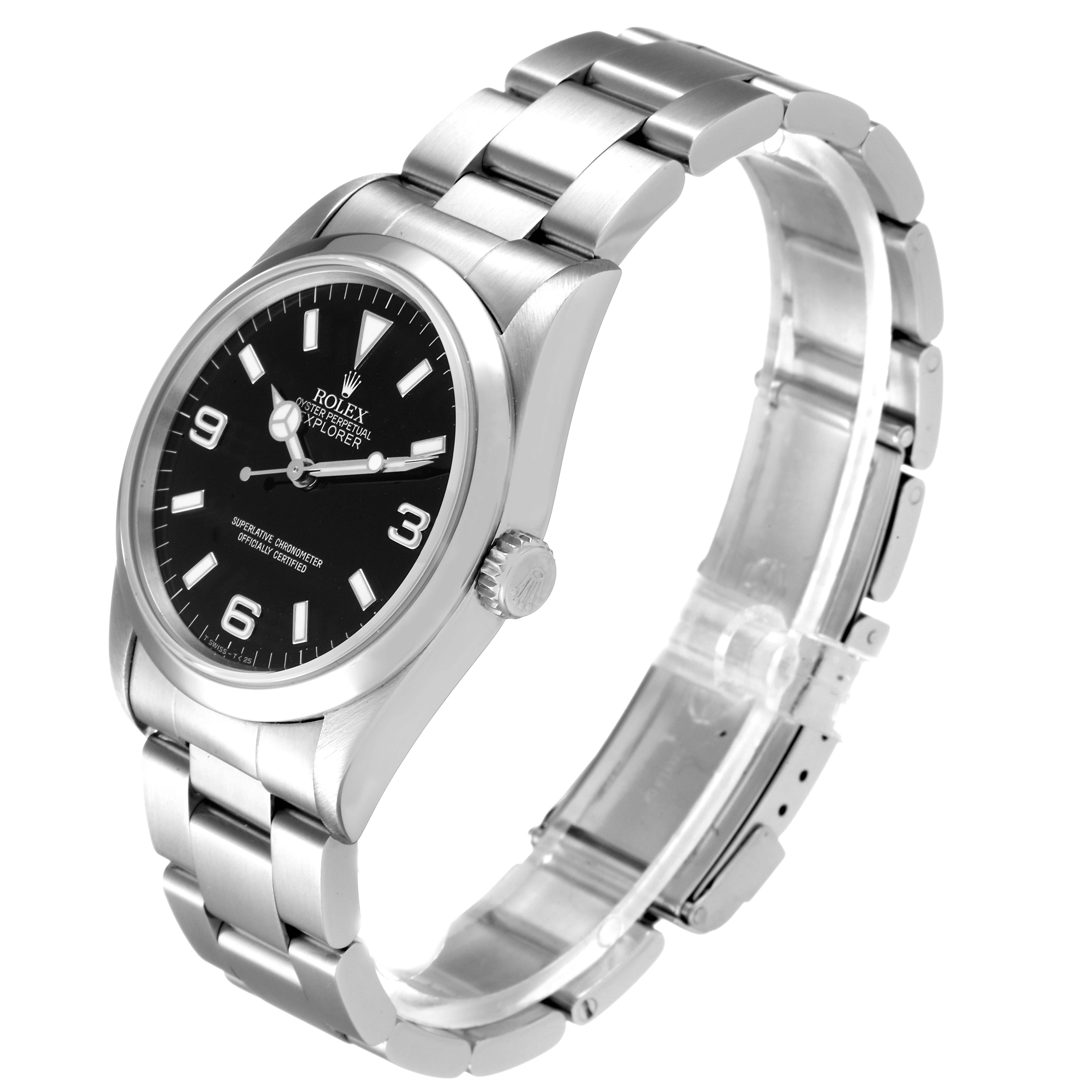 This image shows a side angle of the Rolex Explorer 14270 Men
s Stainless Steel Black Dial 14270 Men
s Stainless Steel Black Dial model, highlighting the bracelet, dial, bezel, and crown.