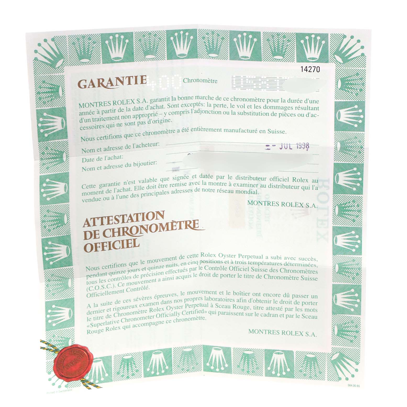 This image shows a warranty certificate for the Explorer model by Rolex, featuring the brand
s logo and official text.