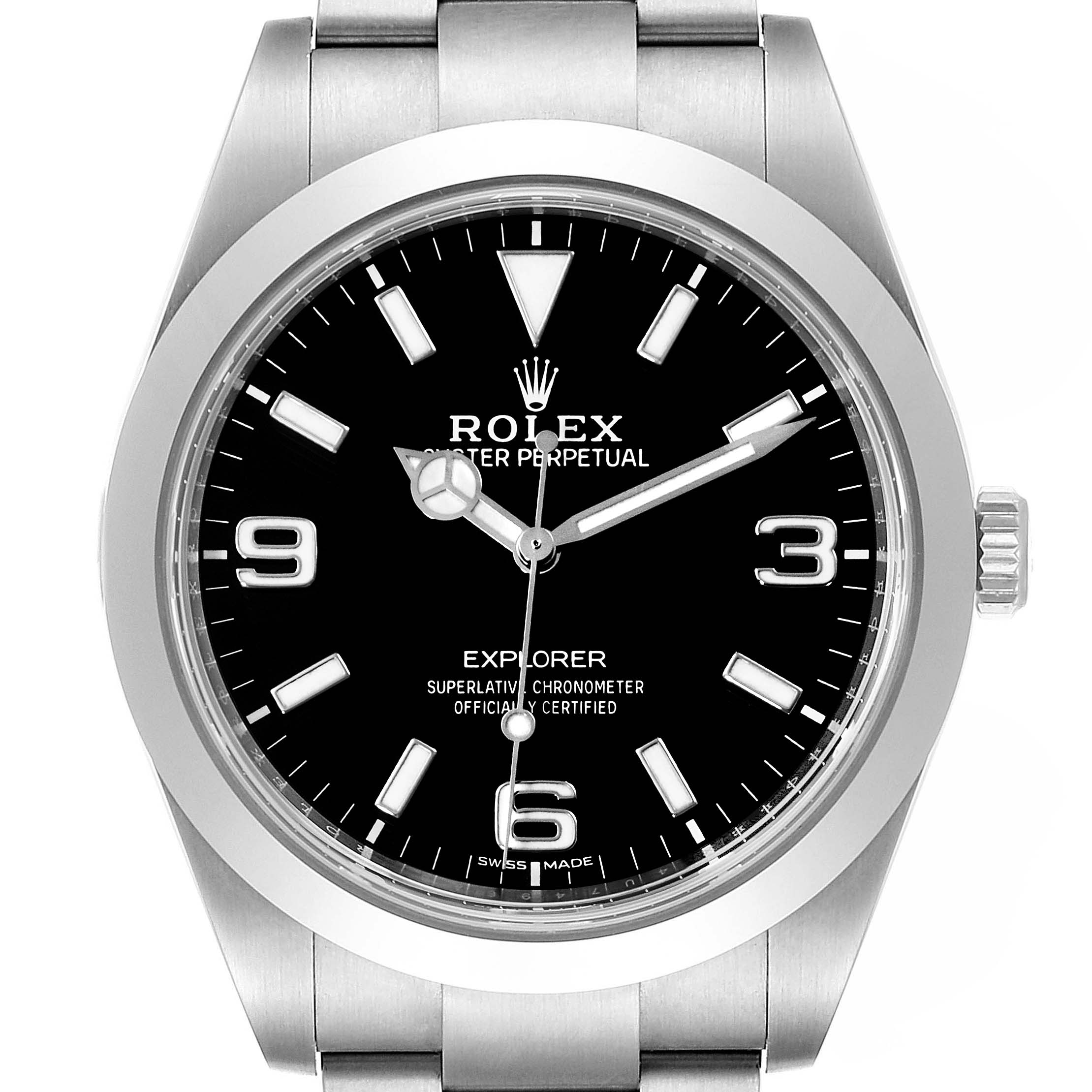 This Rolex Explorer 214270 Men
s Stainless Steel Black Dial 214270 Men
s Stainless Steel Black Dial model watch is shown from a frontal angle, highlighting the dial and stainless steel bracelet.