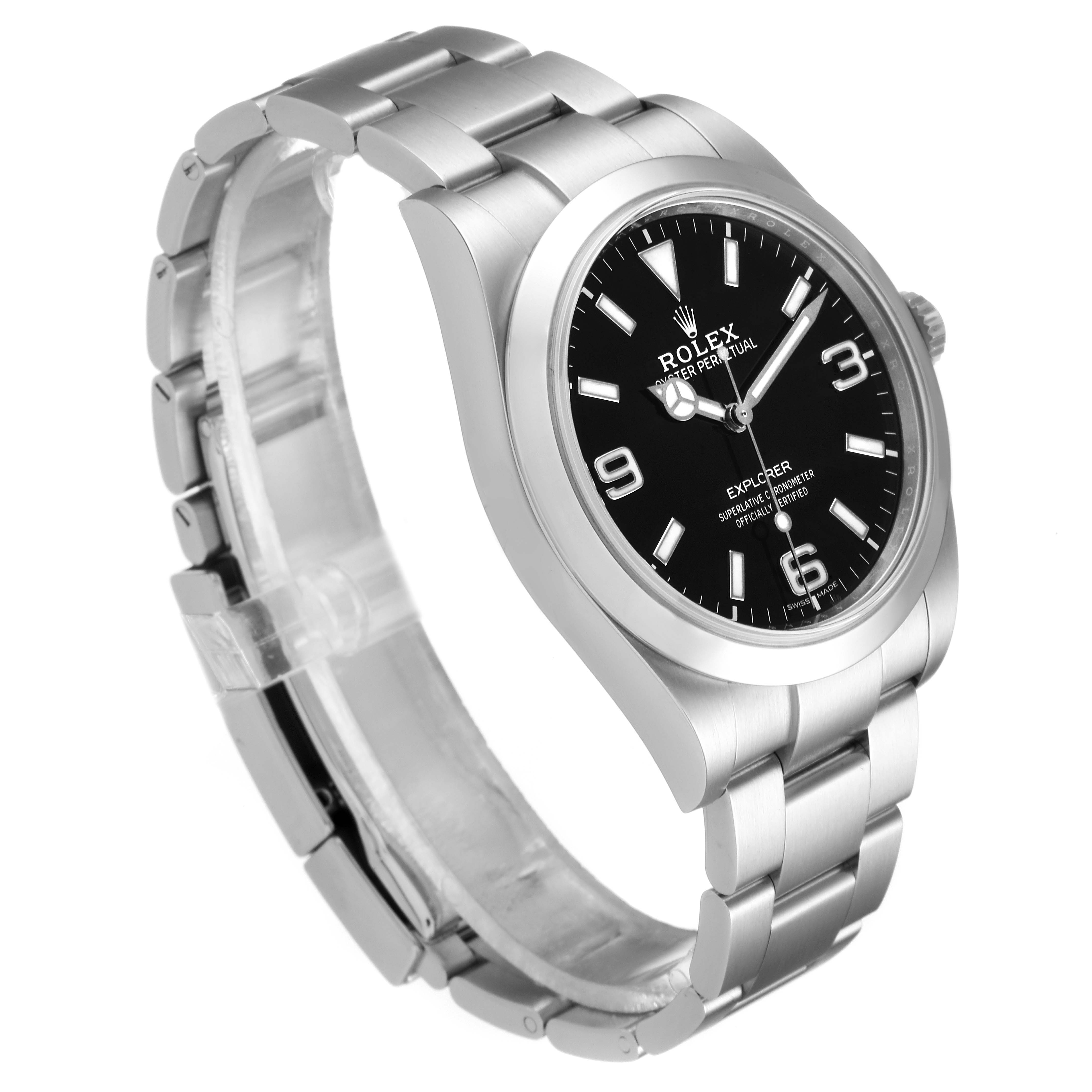 The image shows a side angle view of the Rolex Explorer 214270 Men
s Stainless Steel Black Dial 214270 Men
s Stainless Steel Black Dial watch, highlighting the band, case, and dial.