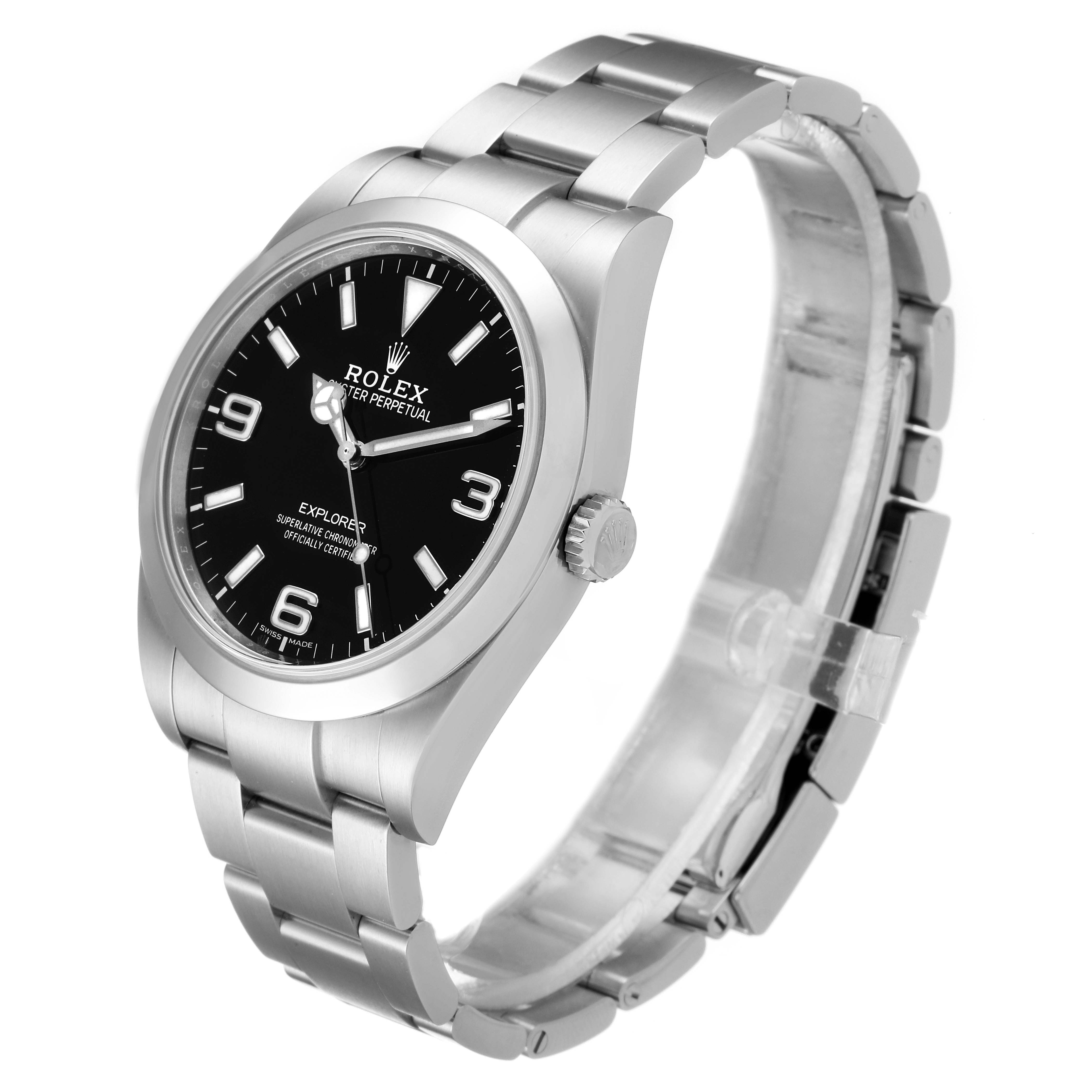 The image shows a Rolex Explorer 214270 Men
s Stainless Steel Black Dial 214270 Men
s Stainless Steel Black Dial watch from a right-side angle, highlighting the dial, case, bracelet, and crown.