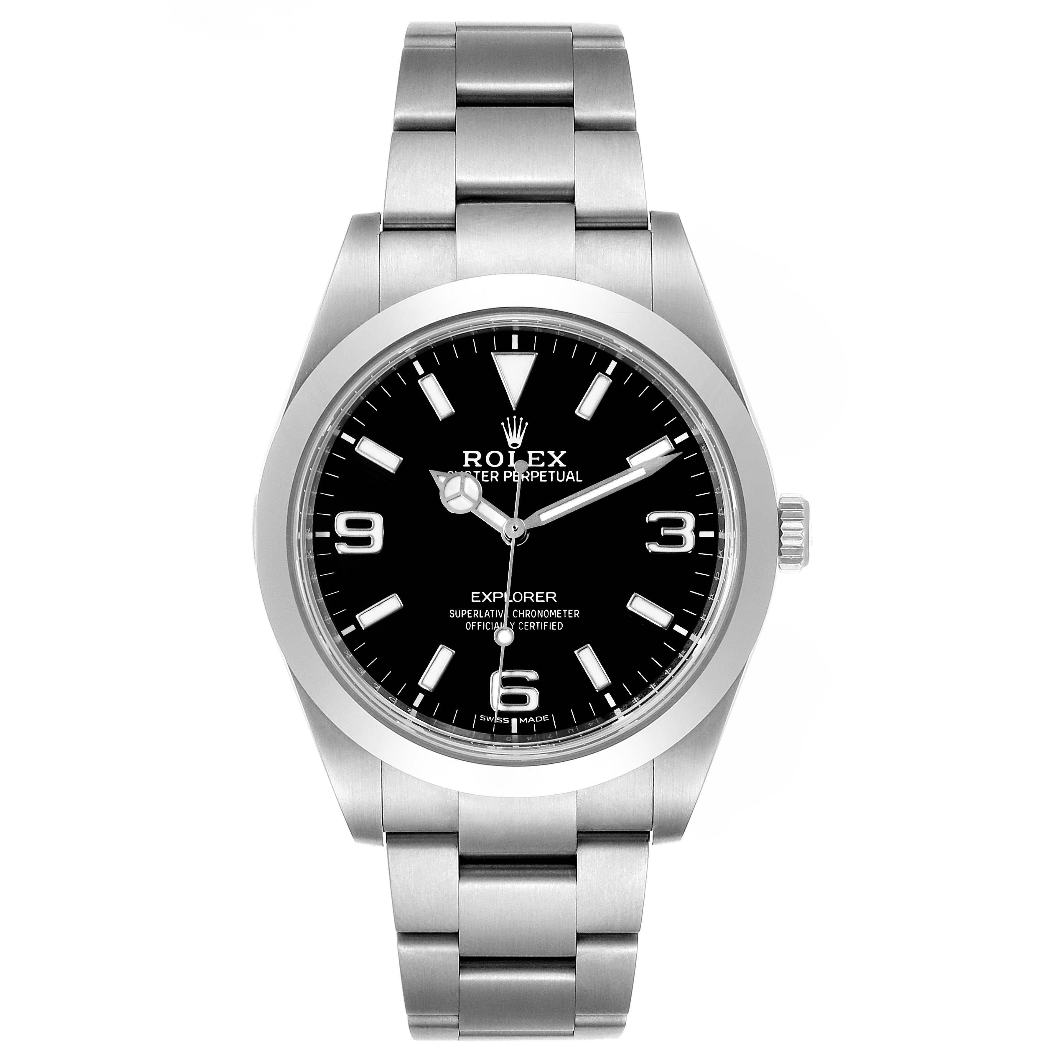The image shows a front view of a Rolex Explorer 214270 Men
s Stainless Steel Black Dial 214270 Men
s Stainless Steel Black Dial watch, highlighting its black dial, stainless steel case, and bracelet.