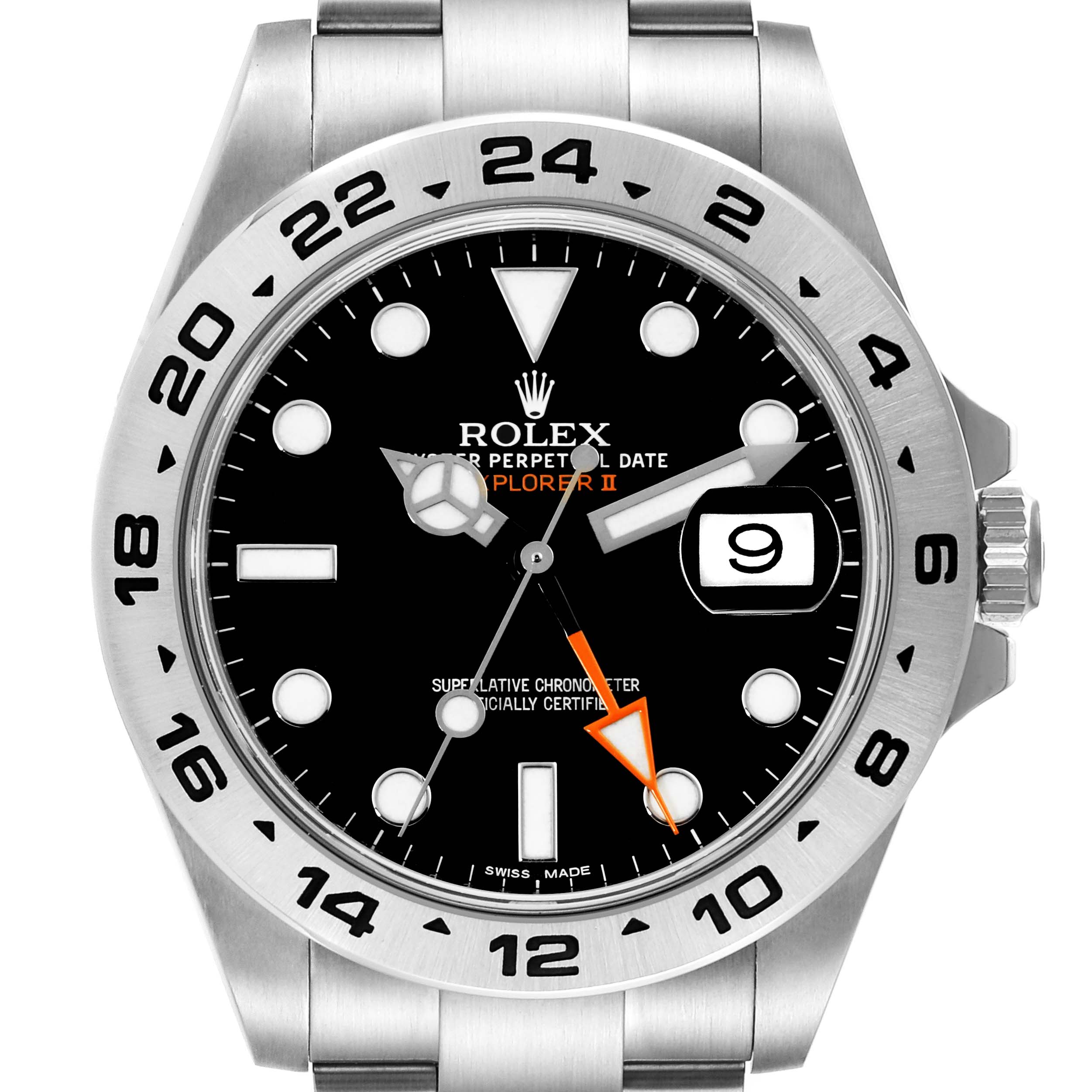 The image shows a front view of the Rolex Explorer 216570 Men's Stainless Steel Black Dial 216570 Men's Stainless Steel Black Dial watch, displaying its dial, bezel, crown, and bracelet.
