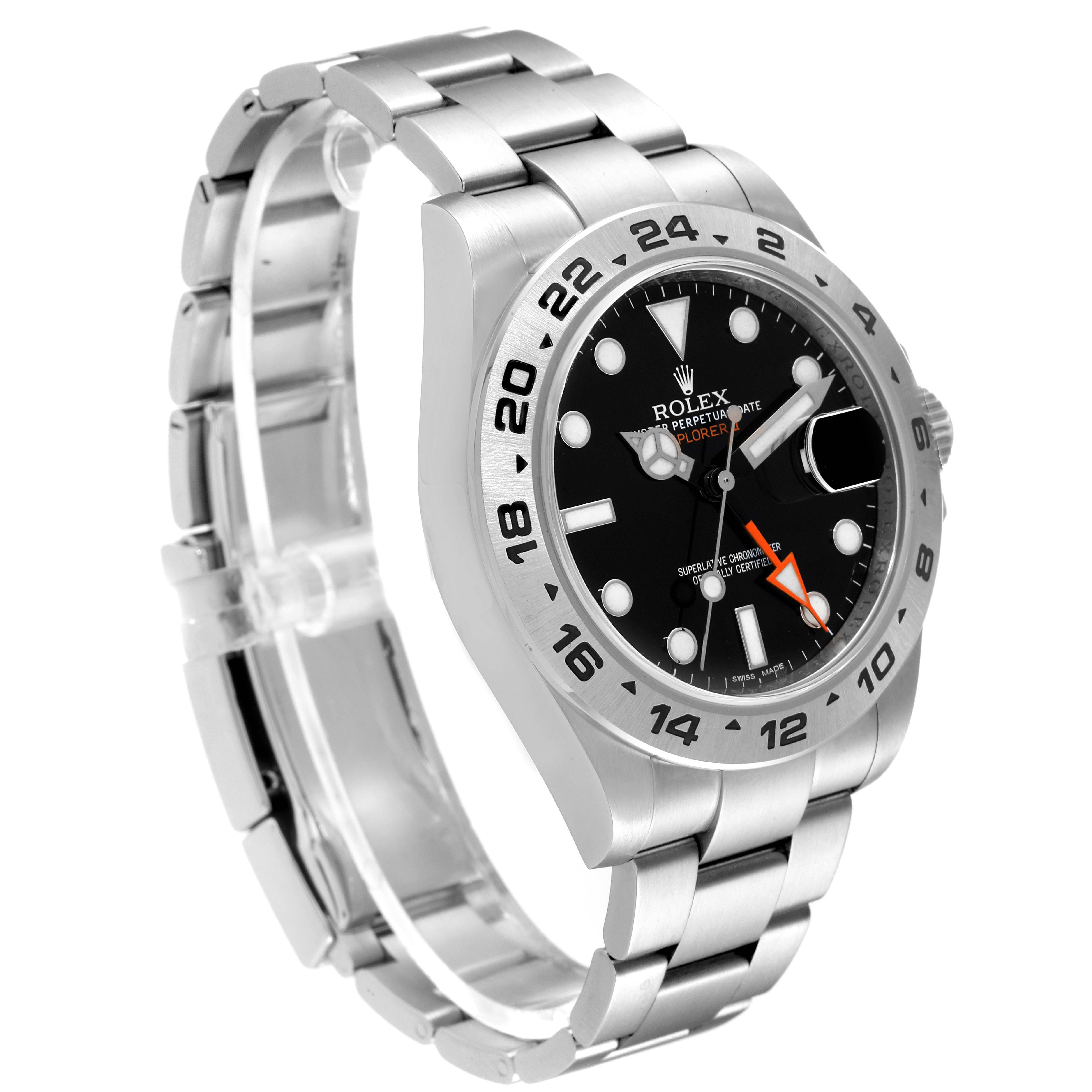 The image shows a side and angled view of the Rolex Explorer 216570 Men's Stainless Steel Black Dial 216570 Men's Stainless Steel Black Dial watch, highlighting its dial, bezel, and bracelet.