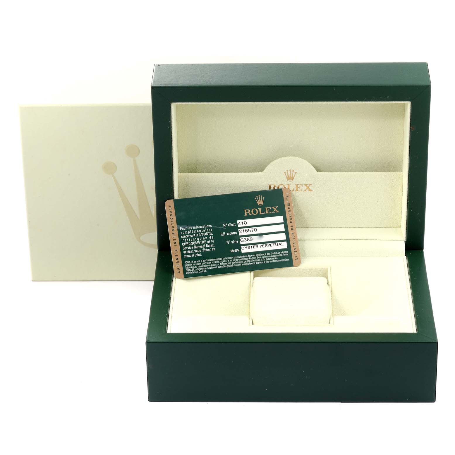 The image shows the open box and certification card for a Rolex Explorer 216570 Men's Stainless Steel Black Dial 216570 Men's Stainless Steel Black Dial watch.