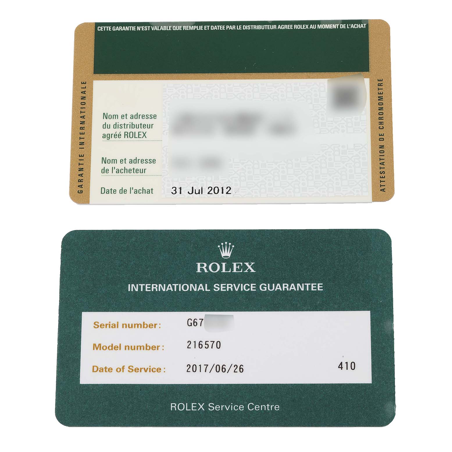 Two Rolex Explorer 216570 Men's Stainless Steel Black Dial 216570 Men's Stainless Steel Black Dial model warranty cards are shown: an international guarantee card (top) and an international service guarantee card (bottom).