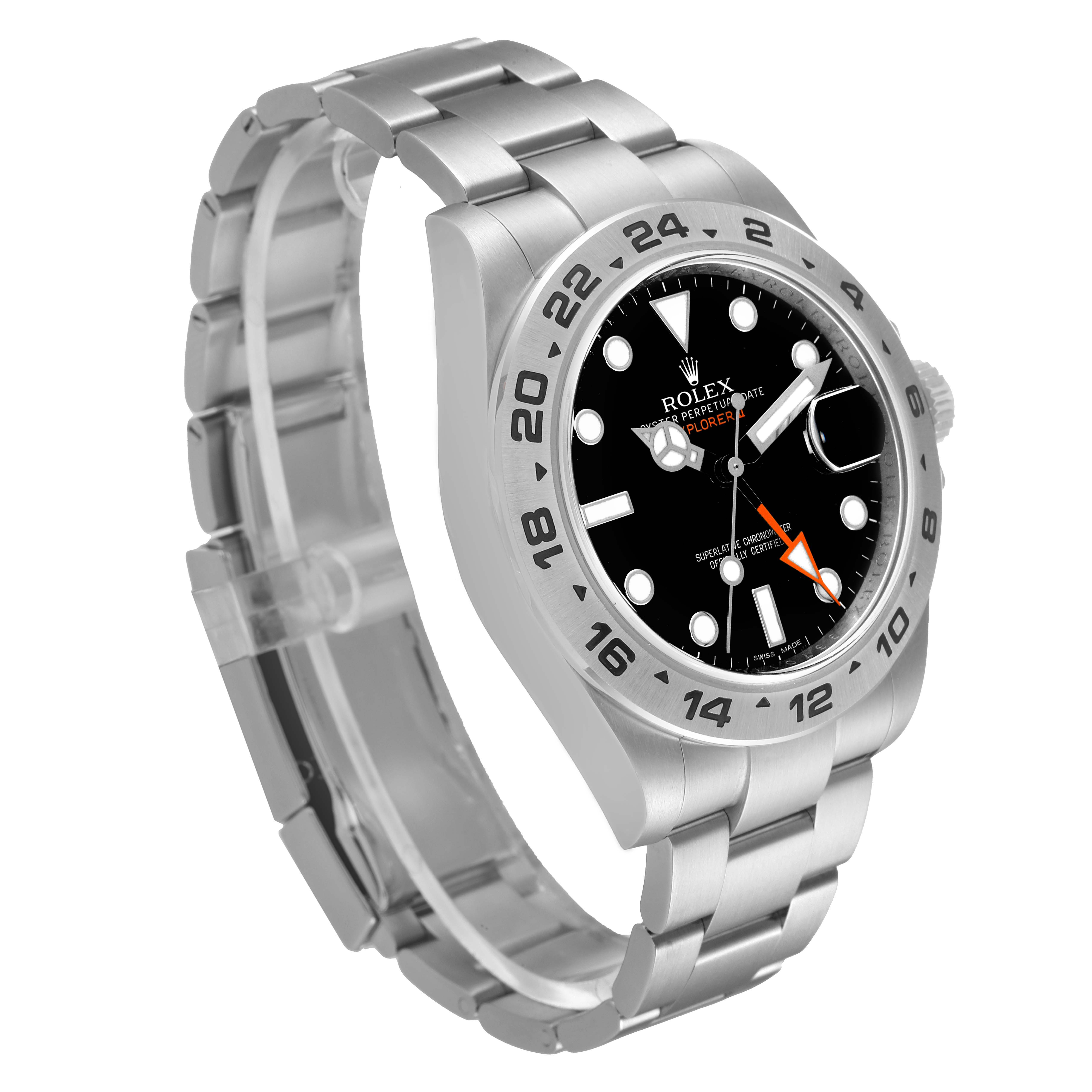 The image shows a side view of the dial, bezel, and bracelet of a Rolex Explorer 216570 Men's Stainless Steel Black Dial 216570 Men's Stainless Steel Black Dial model watch.