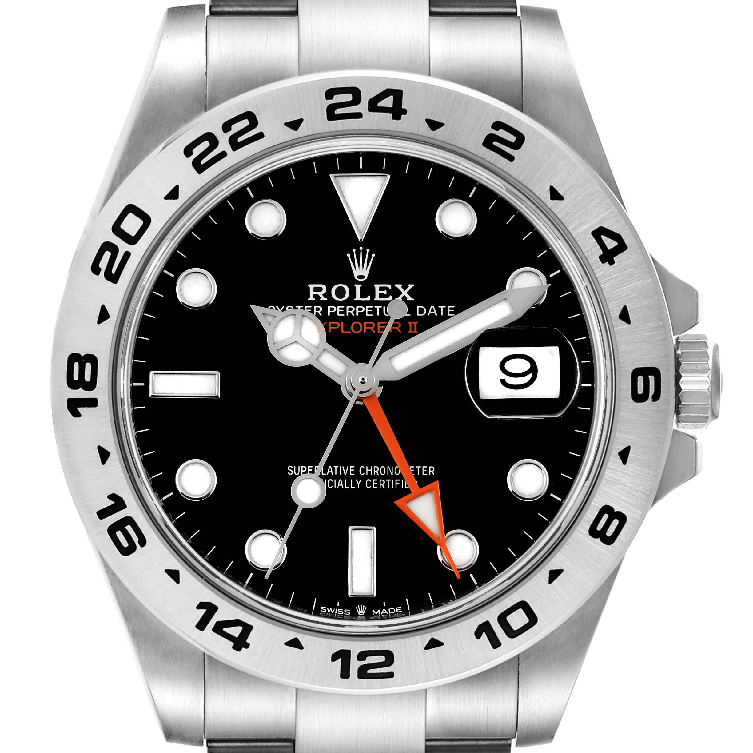 The image shows a front, close-up view of the Rolex Explorer 226570 Men
s Stainless Steel Black Dial 226570 Men
s Stainless Steel Black Dial watch, displaying the dial, bezel, and crown.