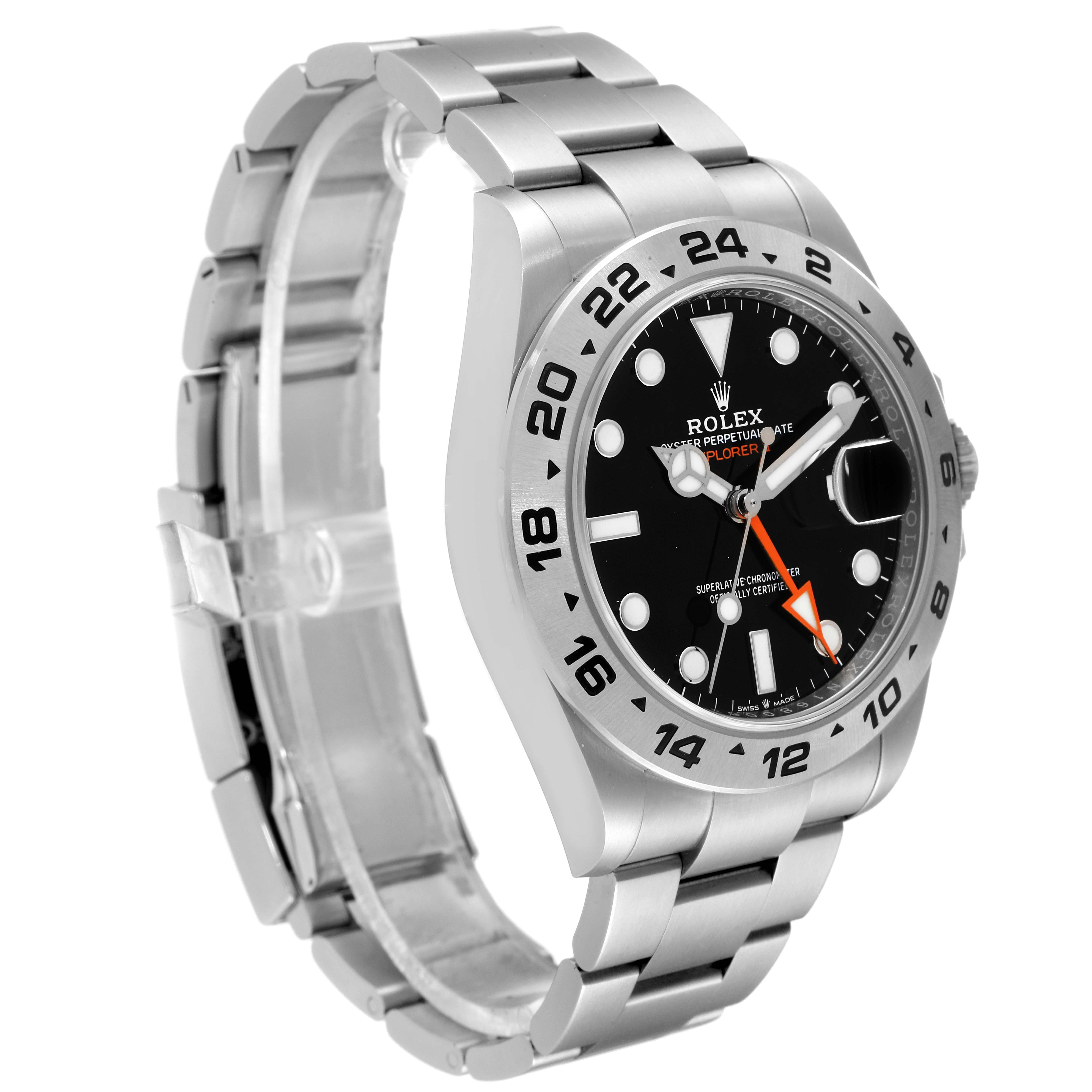 The image shows a side angle of the Rolex Explorer 226570 Men
s Stainless Steel Black Dial 226570 Men
s Stainless Steel Black Dial watch, highlighting its stainless steel bracelet and black dial.