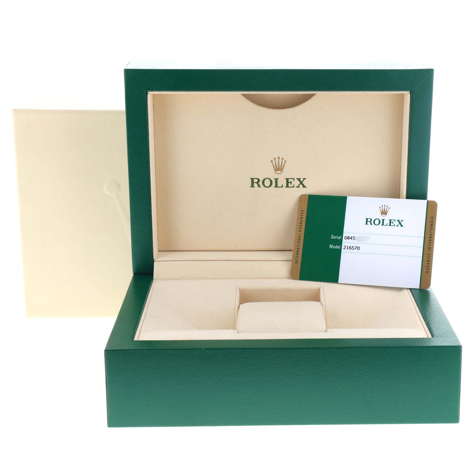 The image shows an open Rolex Explorer 216570 Men's Stainless Steel White Dial 216570 Men's Stainless Steel White Dial model box with a Rolex warranty card.