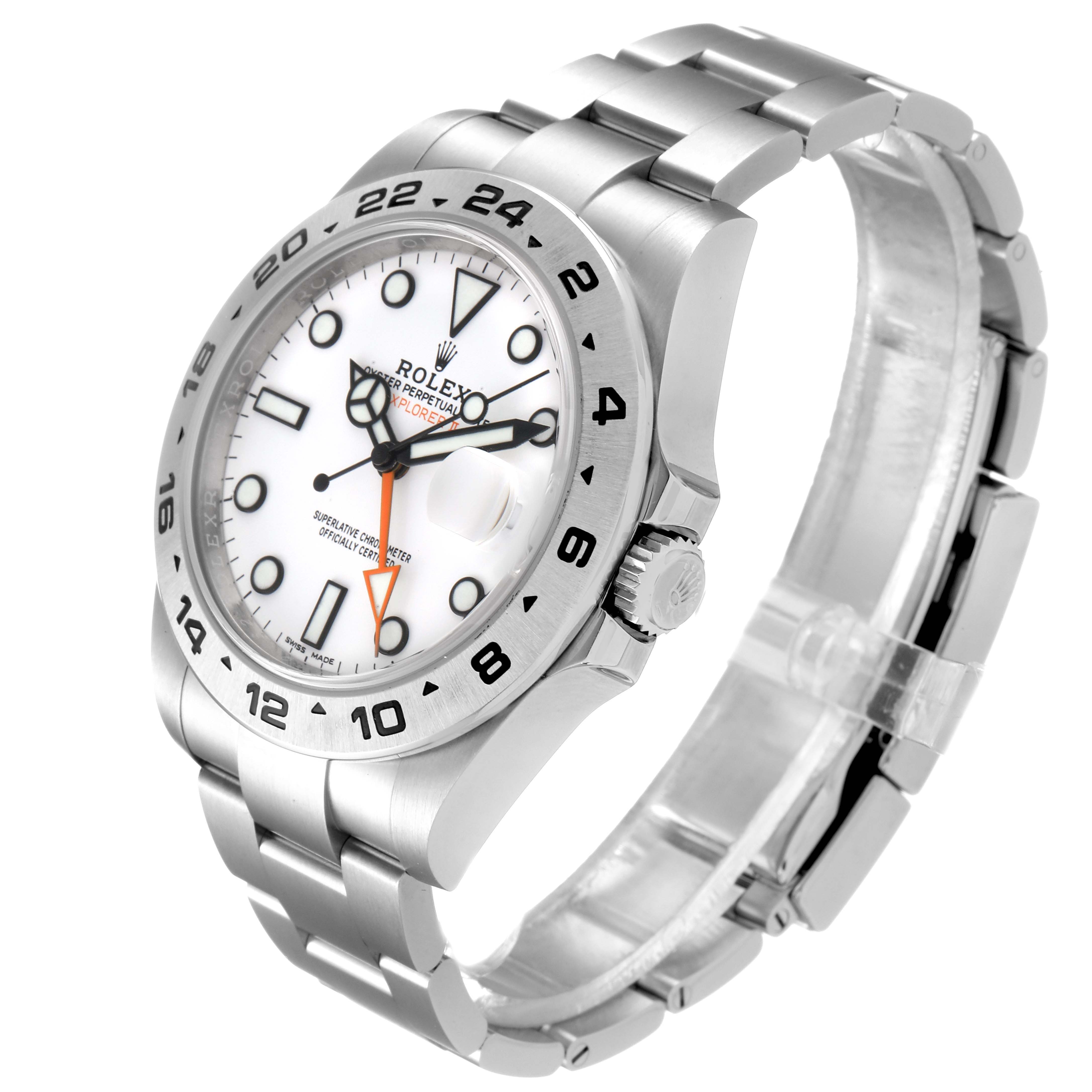 The Rolex Explorer 216570 Men's Stainless Steel White Dial 216570 Men's Stainless Steel White Dial watch is shown from an angled side view, highlighting its face, bezel, and bracelet.