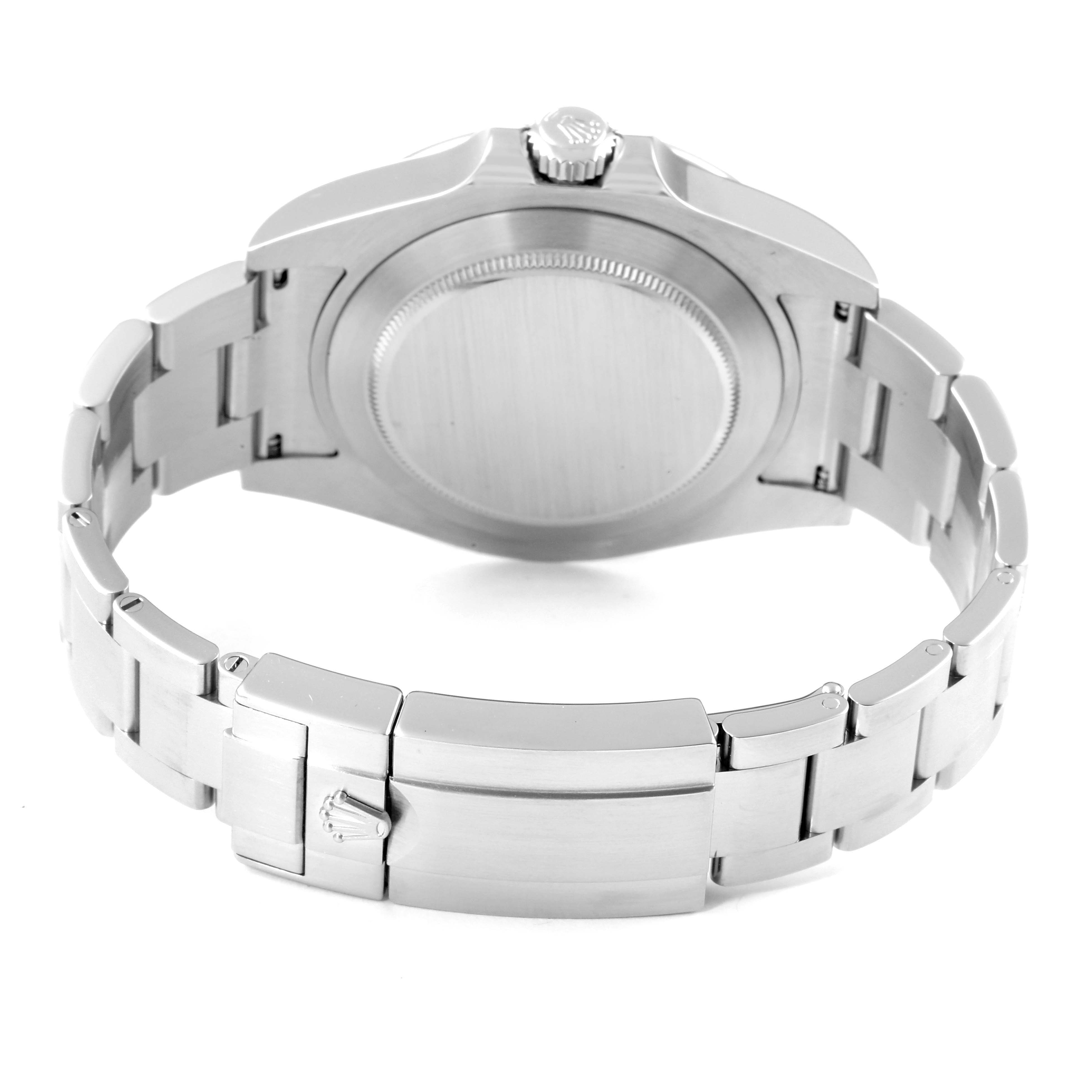 This is a rear view of a Rolex Explorer 216570 Men's Stainless Steel White Dial 216570 Men's Stainless Steel White Dial watch, showing the case back, crown, and bracelet with the clasp.