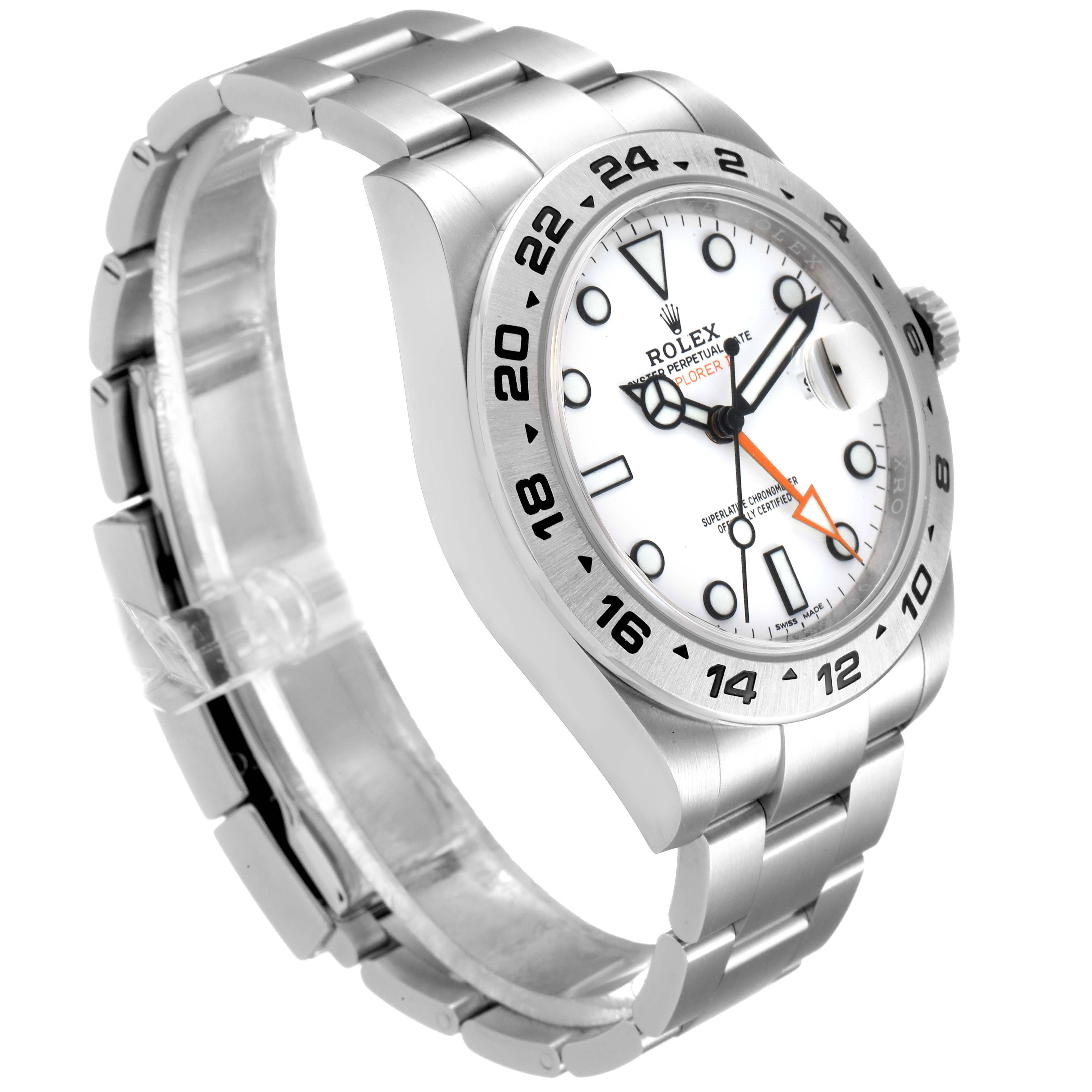 The image shows a Rolex Explorer 216570 Men's Stainless Steel White Dial 216570 Men's Stainless Steel White Dial watch angled to highlight the face, bezel, crown, and stainless steel bracelet.
