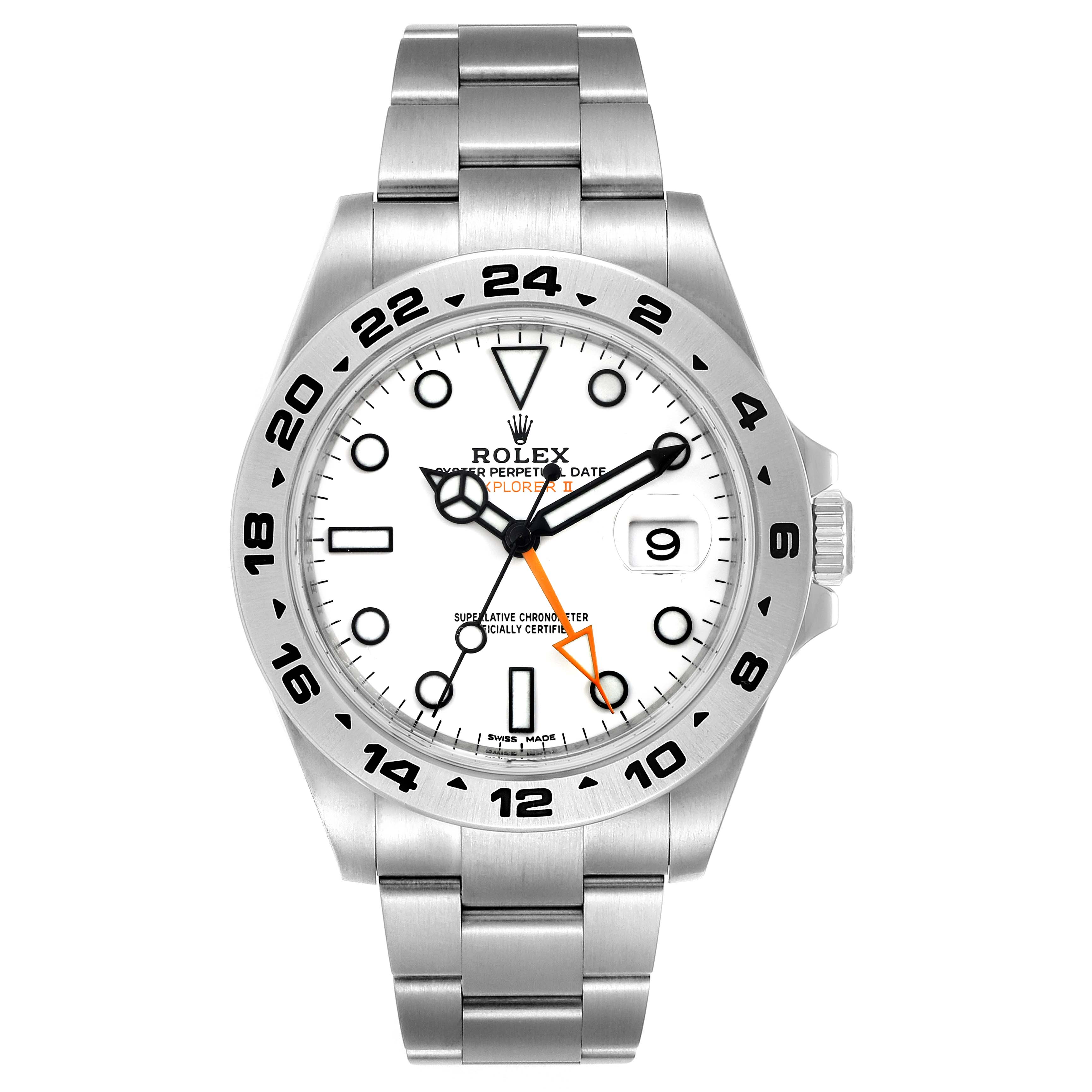 This is a front view of the Rolex Explorer 216570 Men's Stainless Steel White Dial 216570 Men's Stainless Steel White Dial watch, showcasing its dial, bezel, hands, bracelet, and crown.