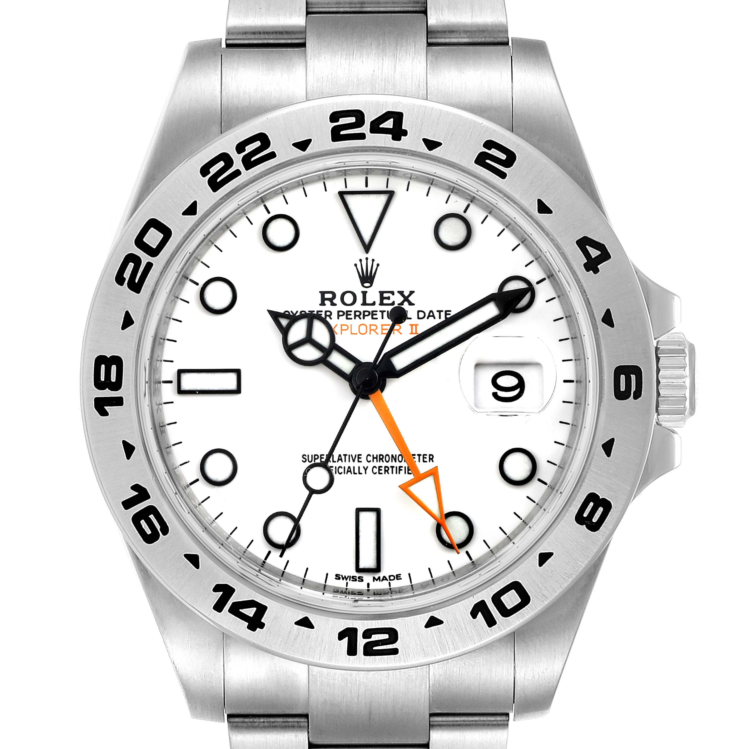 The Rolex Explorer 216570 Men's Stainless Steel White Dial 216570 Men's Stainless Steel White Dial model watch is shown from a front angle, highlighting the dial, hands, bezel, and part of the bracelet.
