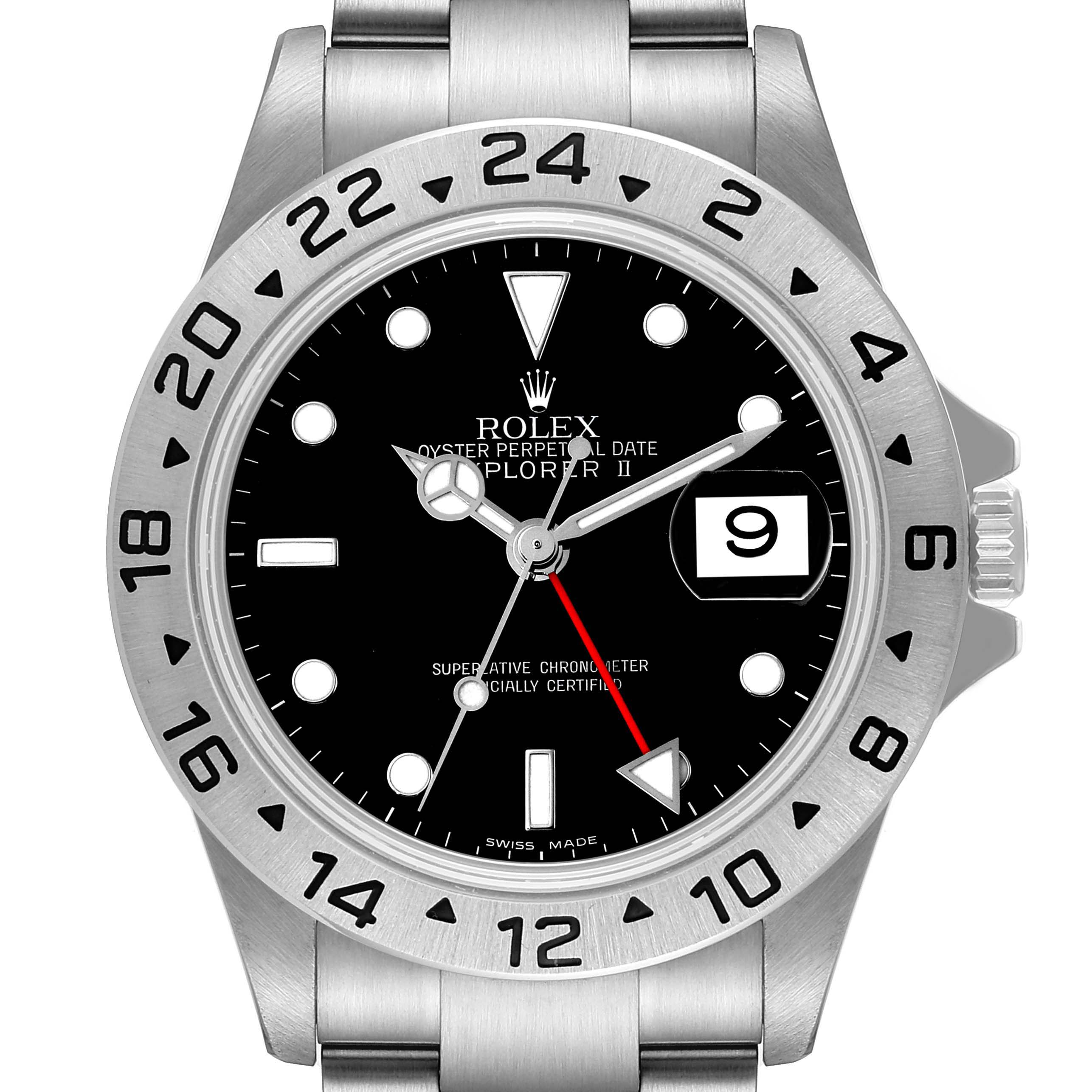 The image shows a front view of the dial, bezel, and part of the bracelet of a Rolex Explorer 16570 Men
s Stainless Steel Black Dial 16570 Men
s Stainless Steel Black Dial watch.