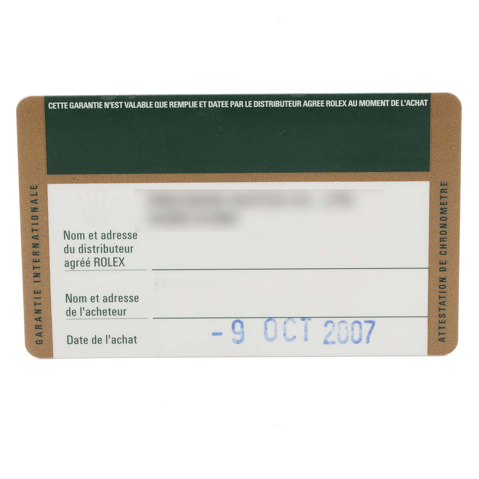 This is a Rolex Explorer 16570 Men
s Stainless Steel Black Dial 16570 Men
s Stainless Steel Black Dial warranty card dated October 9, 2007, showing purchase details and dealer information sections.