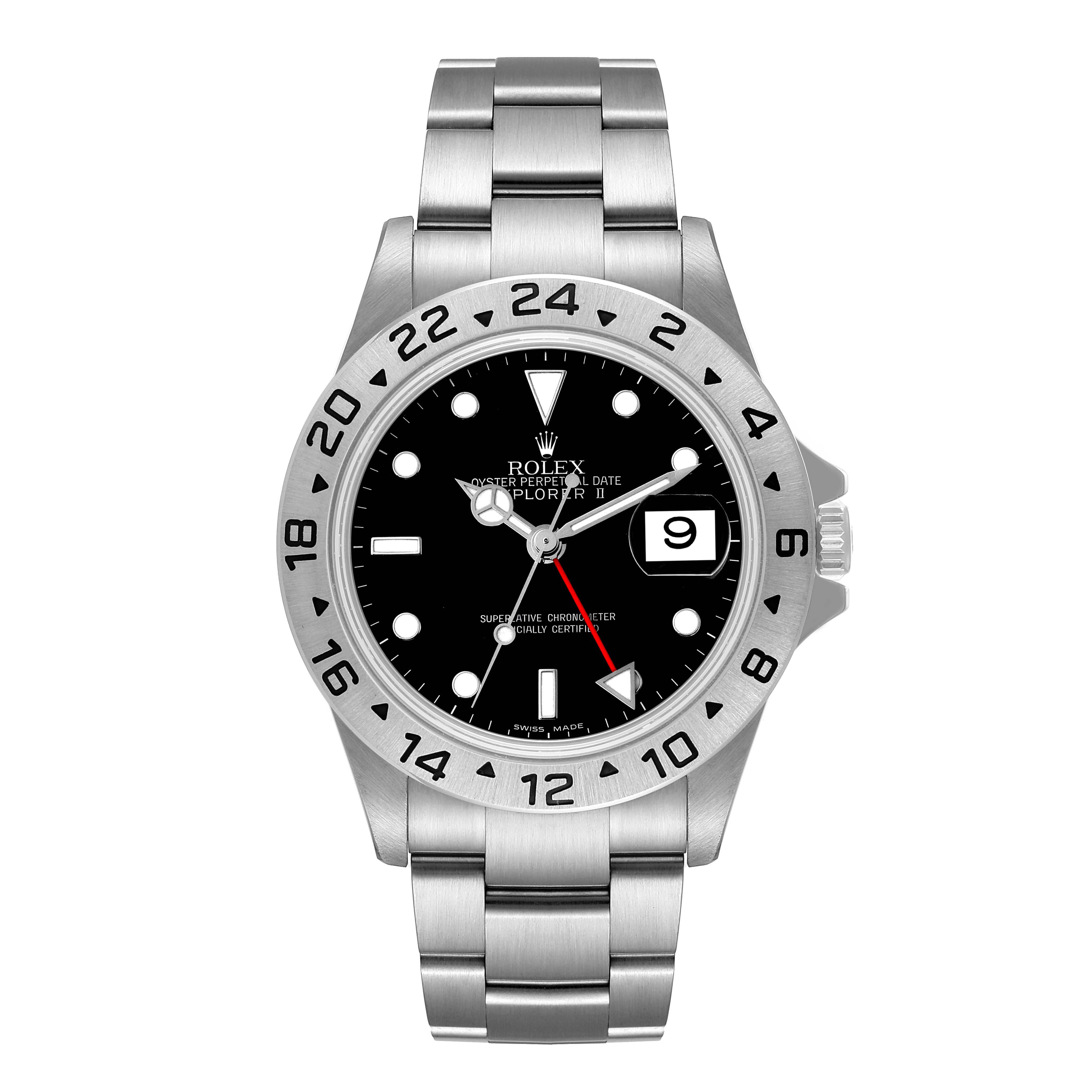 The Rolex Explorer 16570 Men
s Stainless Steel Black Dial 16570 Men
s Stainless Steel Black Dial watch is shown from the front, highlighting its dial, bezel, hands, date window, and bracelet.