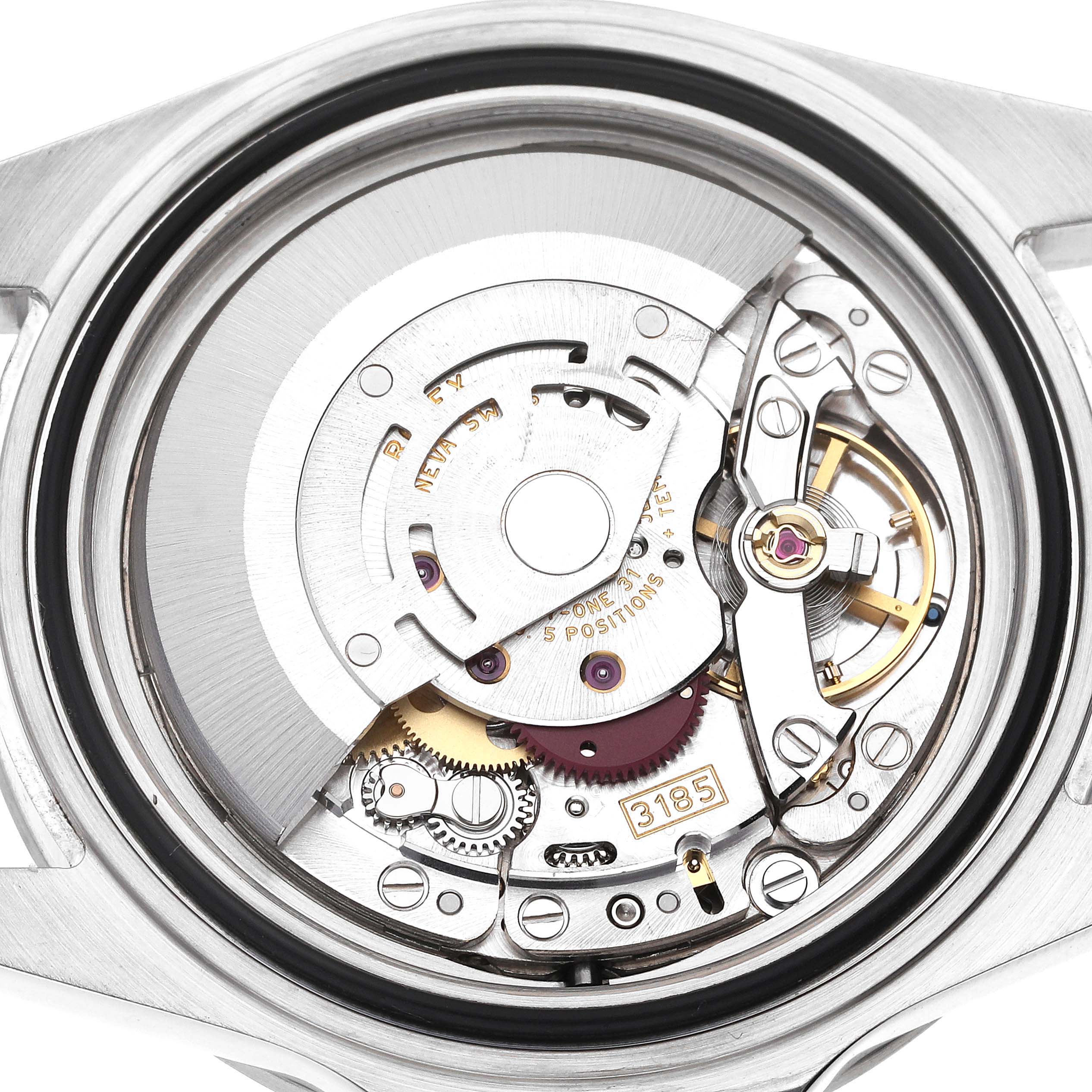 The image shows the internal mechanical movement of a Rolex Explorer 16570T Men
s Stainless Steel Black Dial 16570T Men
s Stainless Steel Black Dial watch, viewed from the back case.