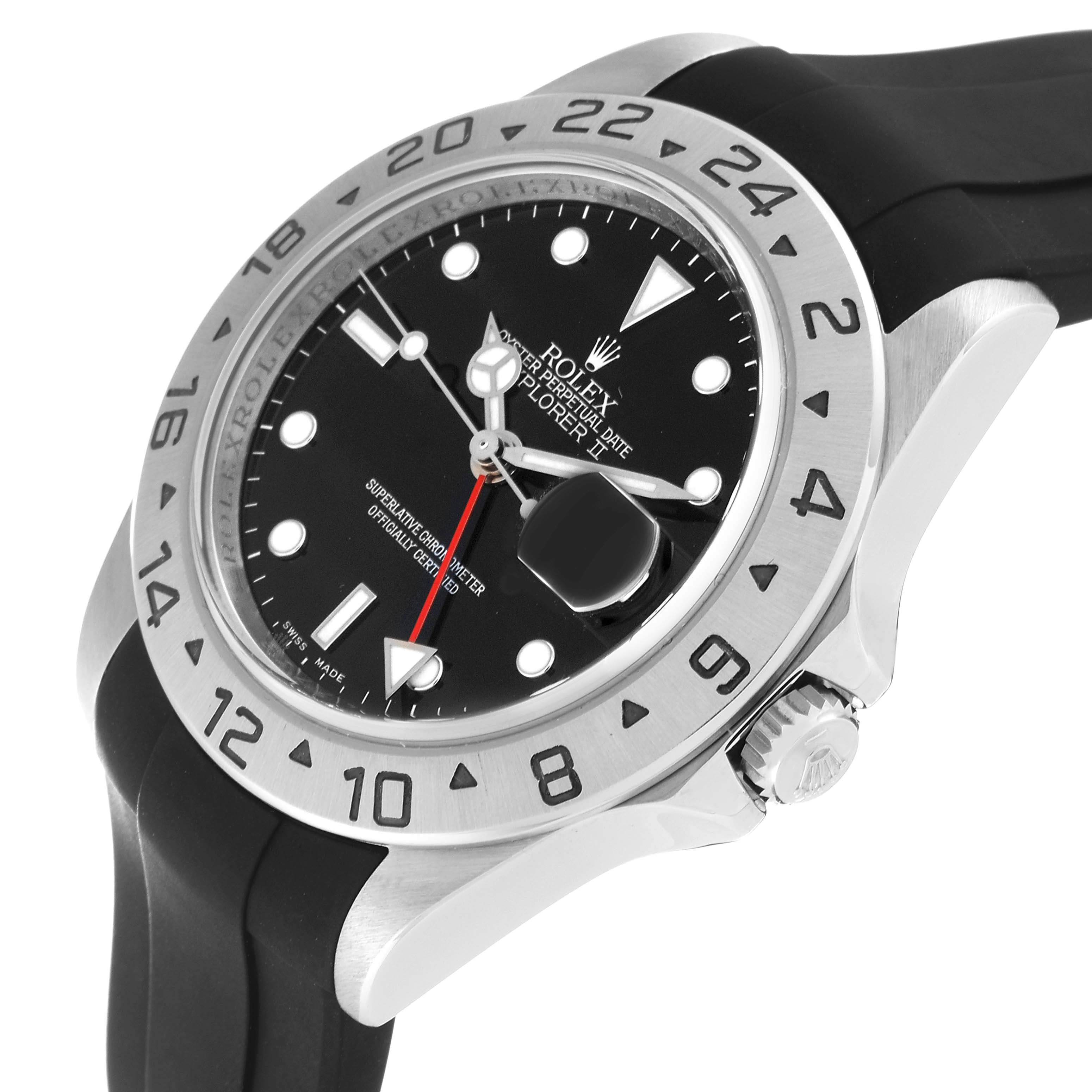 The image shows a side angle view of a Rolex Explorer 16570T Men
s Stainless Steel Black Dial 16570T Men
s Stainless Steel Black Dial watch, highlighting the bezel, crown, black dial, and rubber strap.