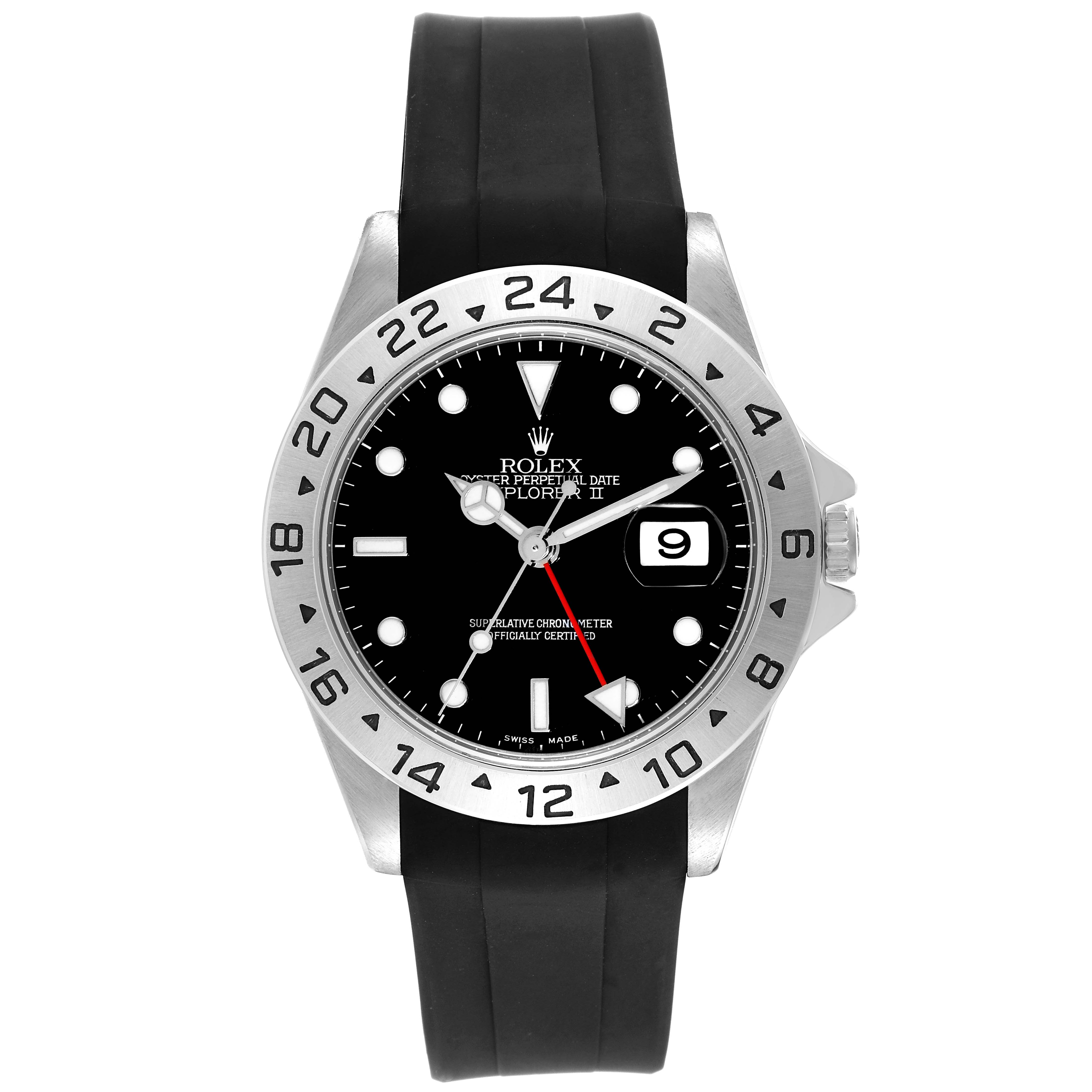 The image shows a front view of a Rolex Explorer 16570T Men
s Stainless Steel Black Dial 16570T Men
s Stainless Steel Black Dial watch with a black dial and a black rubber strap.