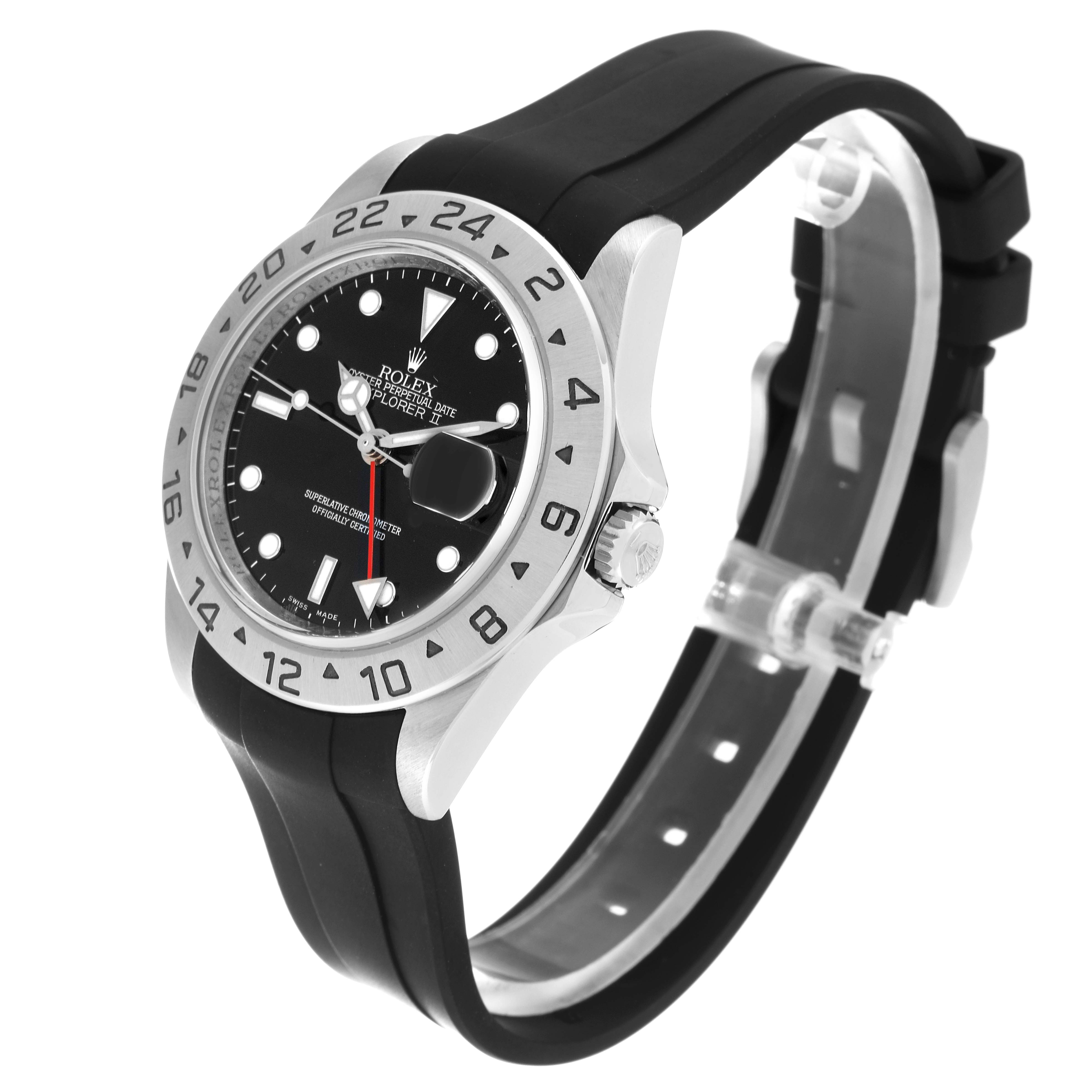 The Rolex Explorer 16570T Men
s Stainless Steel Black Dial 16570T Men
s Stainless Steel Black Dial watch is shown from a front-left angle, highlighting the dial, bezel, crown, and black strap.