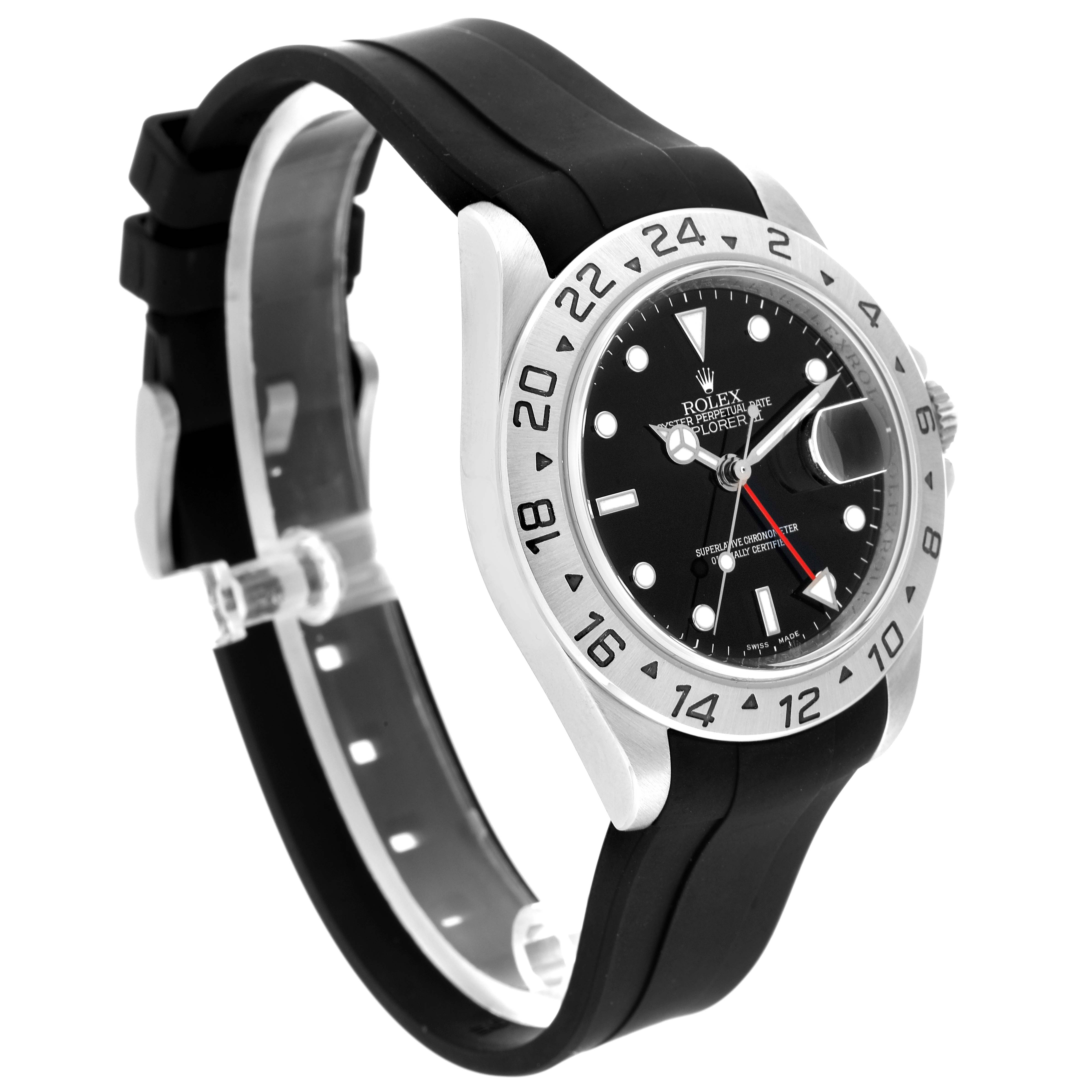 The Rolex Explorer 16570T Men
s Stainless Steel Black Dial 16570T Men
s Stainless Steel Black Dial watch is shown at a three-quarter angle, highlighting its dial, bezel, and black rubber strap.