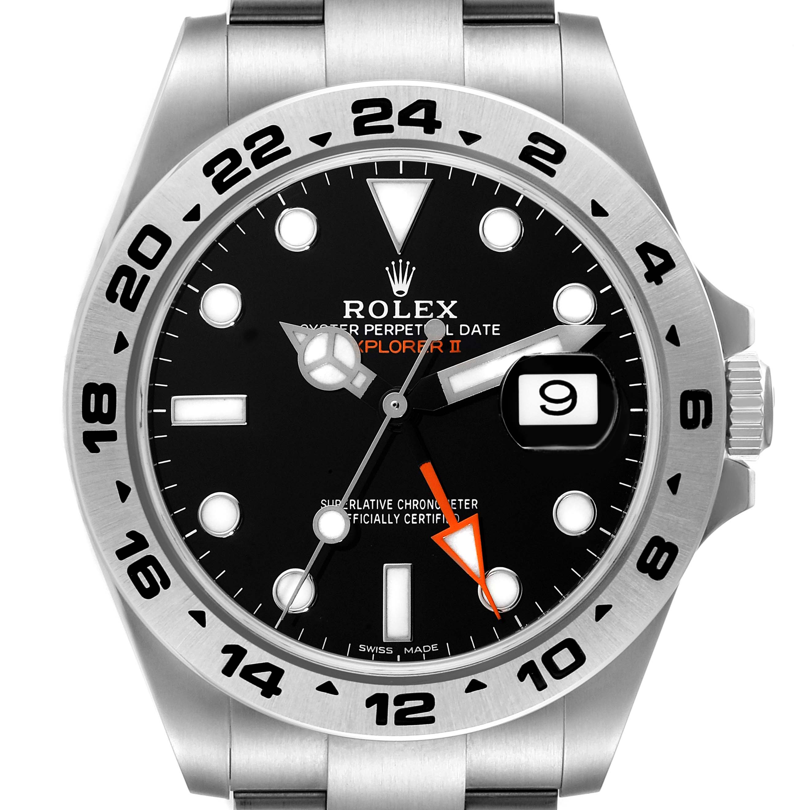 The image shows a front view of the Rolex Explorer 216570 Men
s Stainless Steel Black Dial 216570 Men
s Stainless Steel Black Dial watch, highlighting the dial, bezel, and crown.