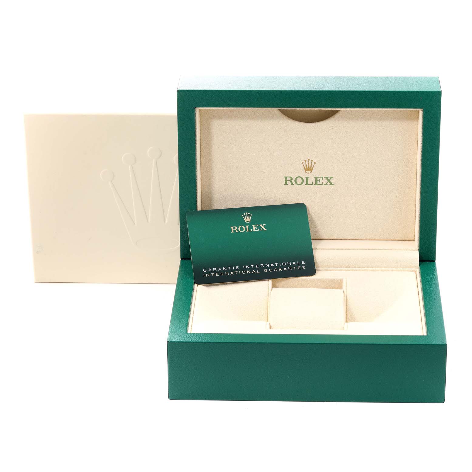 The image shows the packaging box and international guarantee card for a Rolex Explorer 216570 Men
s Stainless Steel Black Dial 216570 Men
s Stainless Steel Black Dial model watch.