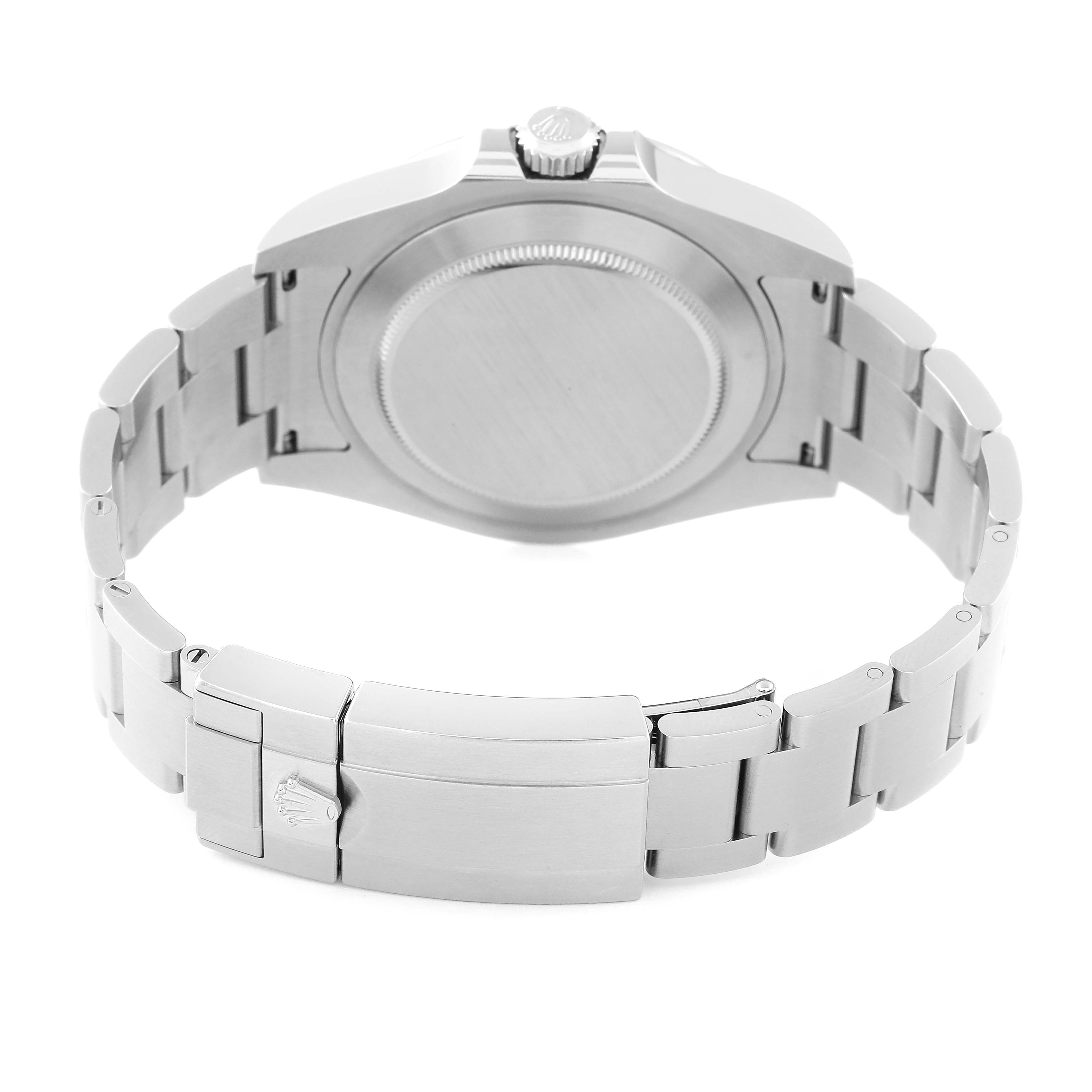 The image shows the back view of the Rolex Explorer 216570 Men
s Stainless Steel Black Dial 216570 Men
s Stainless Steel Black Dial watch, highlighting its case back, crown, and metal bracelet with the clasp.