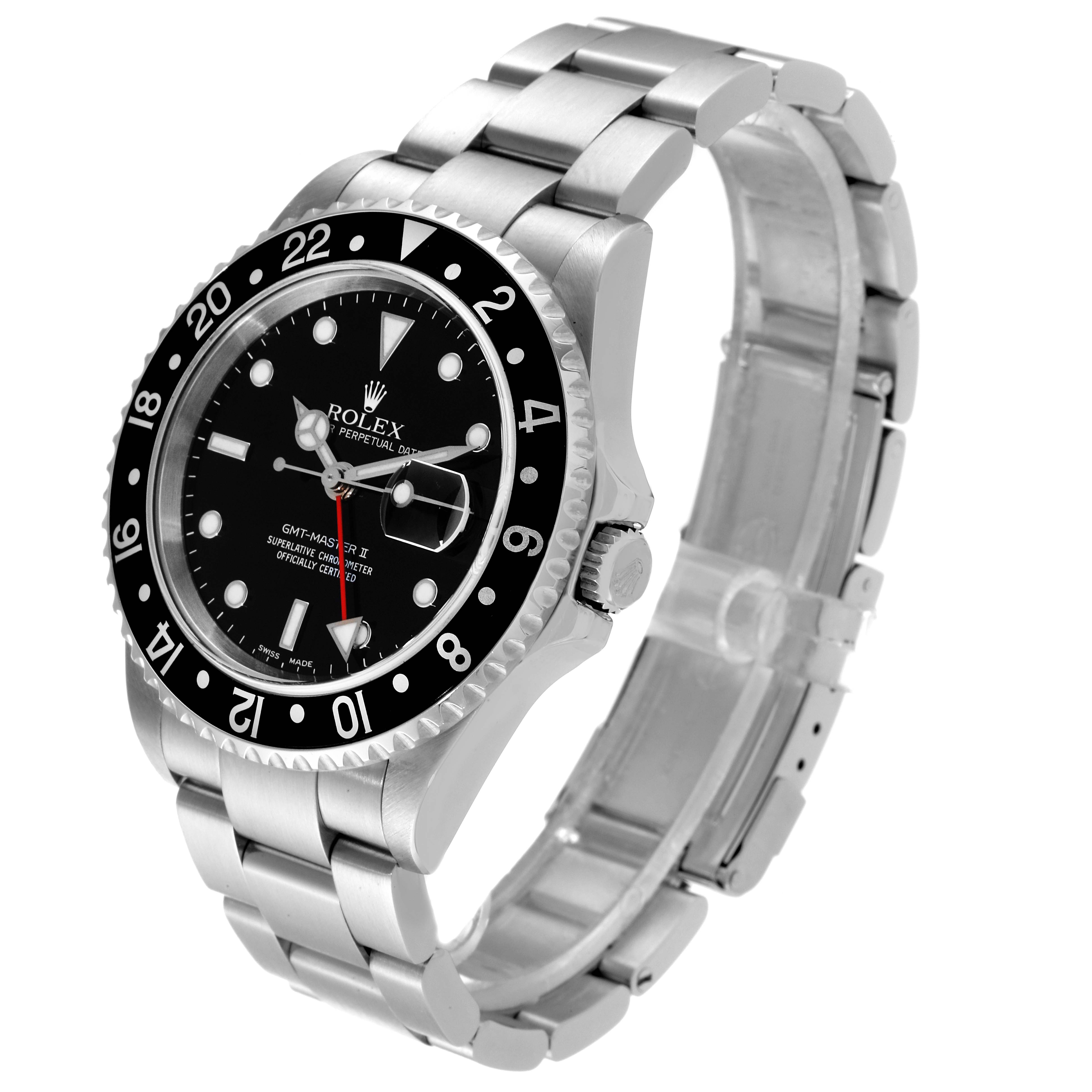The image shows a side angle of the Rolex GMT-Master 16710 Men
s Stainless Steel Black Dial 16710 Men
s Stainless Steel Black Dial II watch, highlighting the face, bezel, and bracelet.