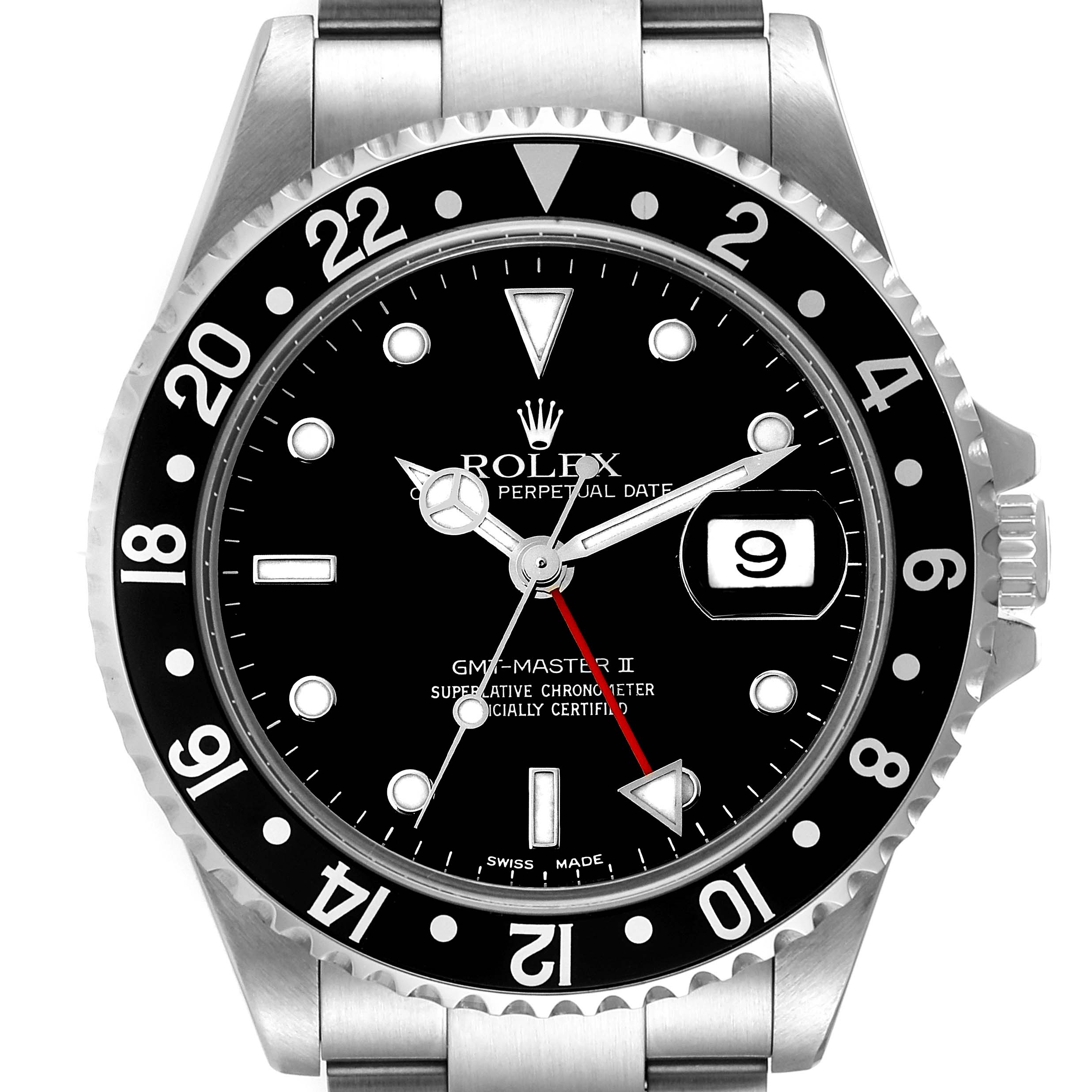 The image shows a front view of the Rolex GMT-Master 16710 Men
s Stainless Steel Black Dial 16710 Men
s Stainless Steel Black Dial II watch, highlighting the bezel, dial, hands, and bracelet.