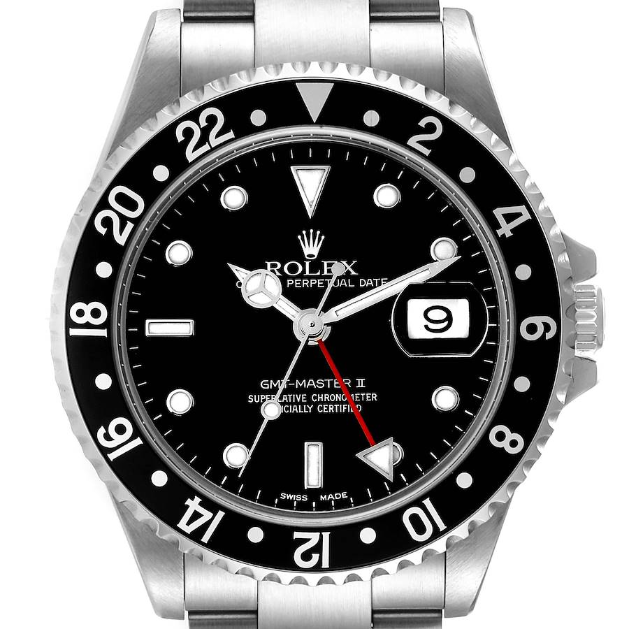 The image shows a front view of the Rolex GMT-Master II watch, highlighting the bezel, dial, hands, and bracelet.