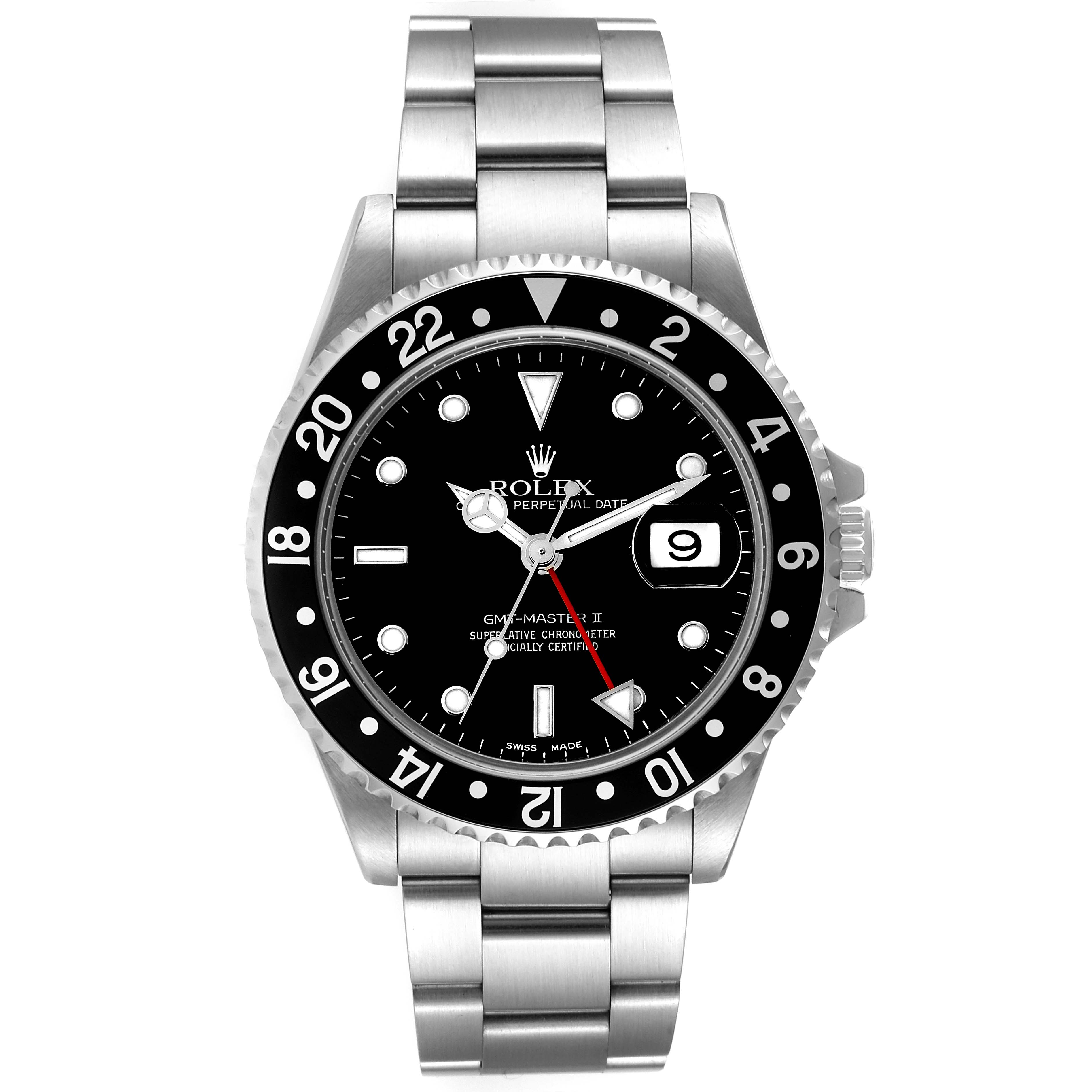 This image shows a front view of a Rolex GMT-Master 16710 Men
s Stainless Steel Black Dial 16710 Men
s Stainless Steel Black Dial II watch, displaying the dial, bezel, bracelet, and crown.
