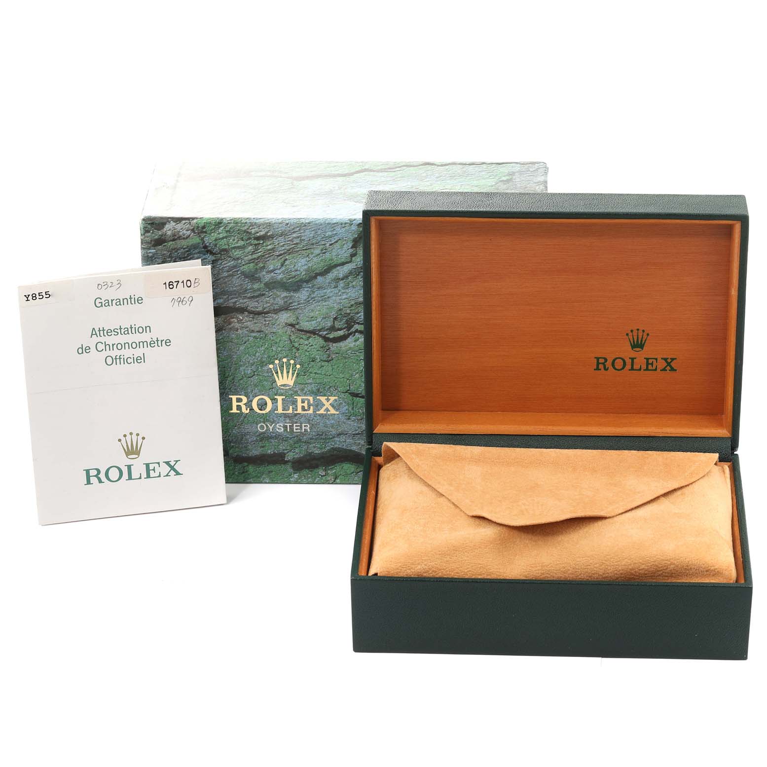 The image shows the packaging and certification for a Rolex GMT-Master 16710 Men
s Stainless Steel Black Dial 16710 Men
s Stainless Steel Black Dial watch, including the box, sleeve, and official documentation.