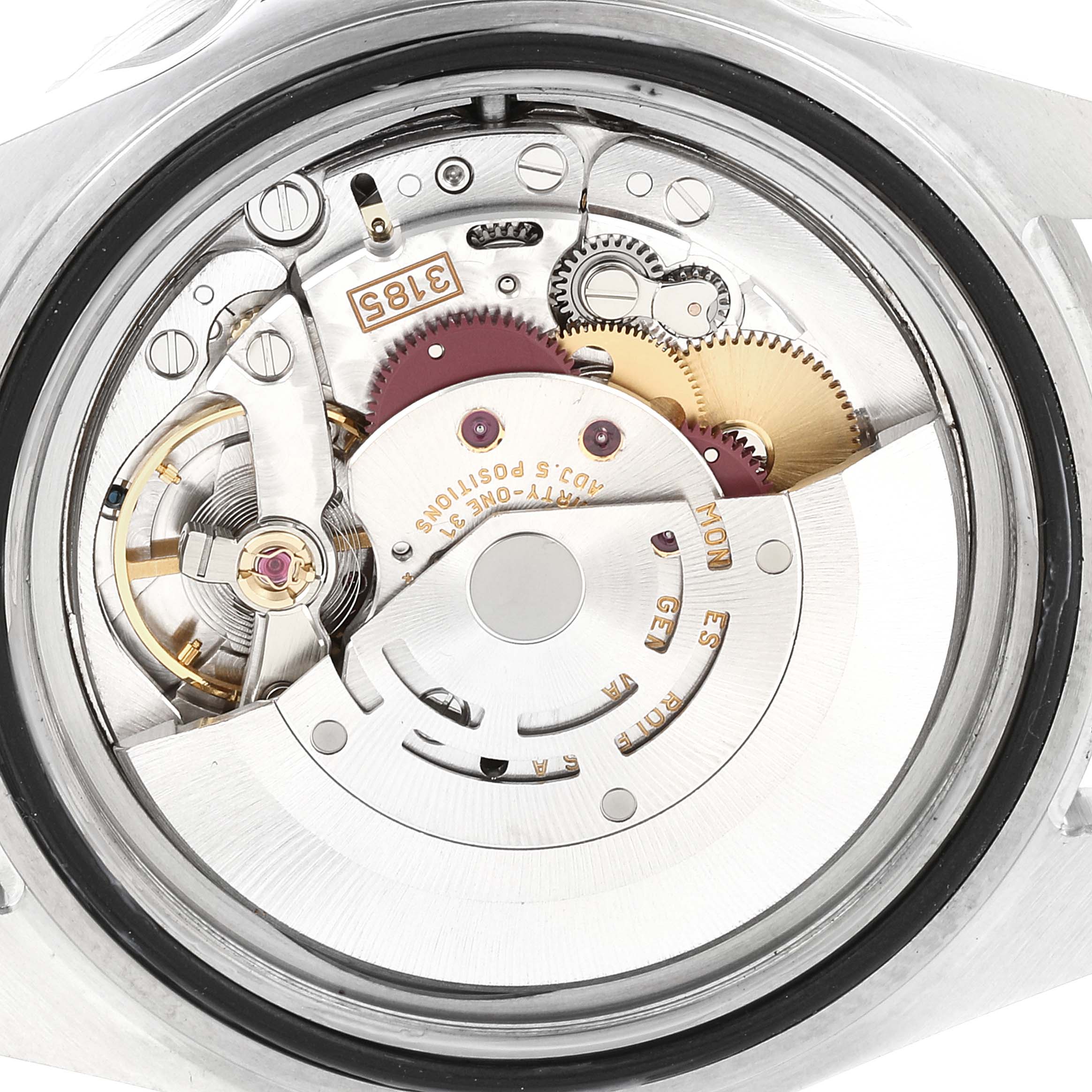 This image shows the movement mechanism of a Rolex GMT-Master 16710 Men
s Stainless Steel Black Dial 16710 Men
s Stainless Steel Black Dial watch from a top-down angle.