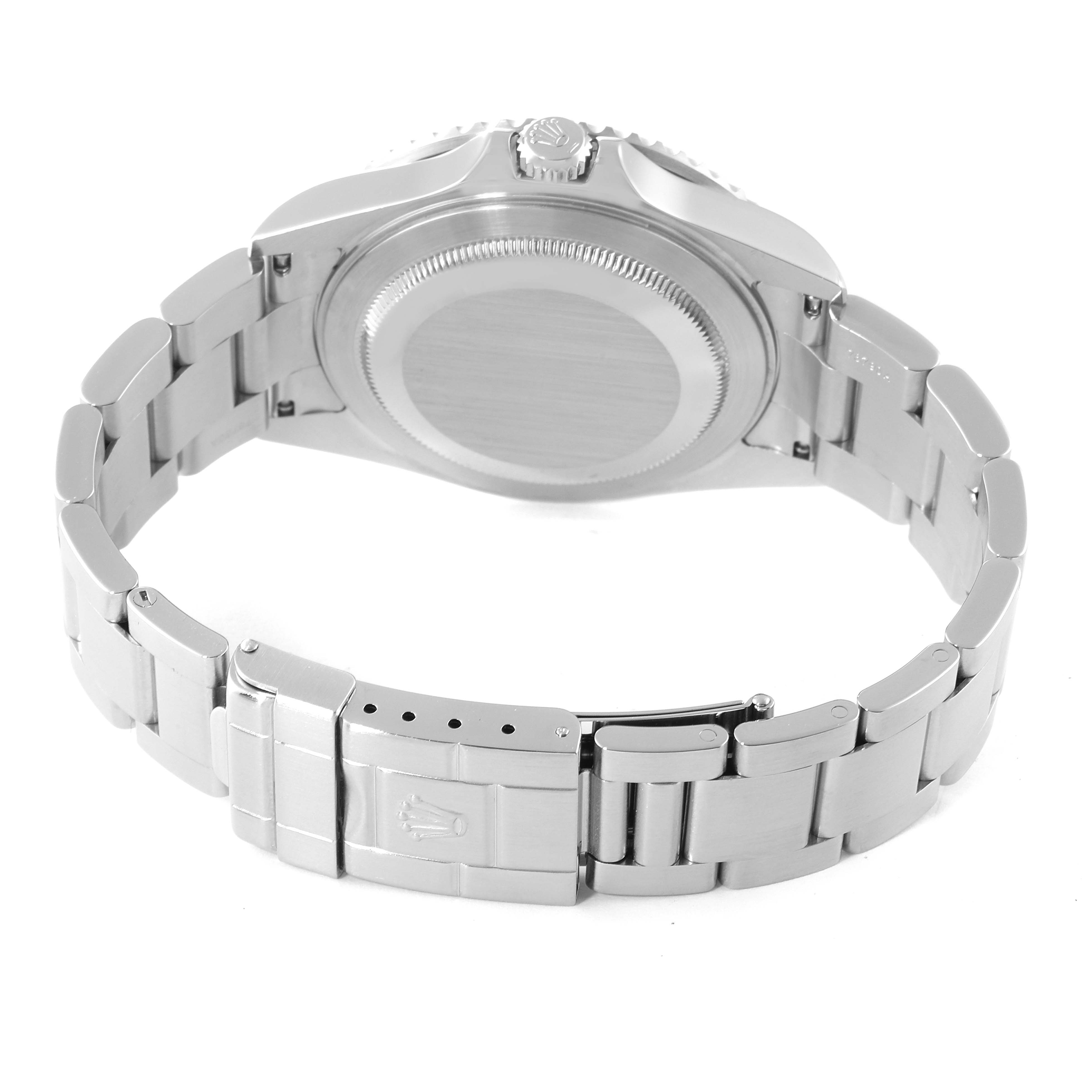 The image shows the back view of a Rolex GMT-Master 16710 Men
s Stainless Steel Black Dial 16710 Men
s Stainless Steel Black Dial watch, highlighting its stainless steel bracelet and clasp.