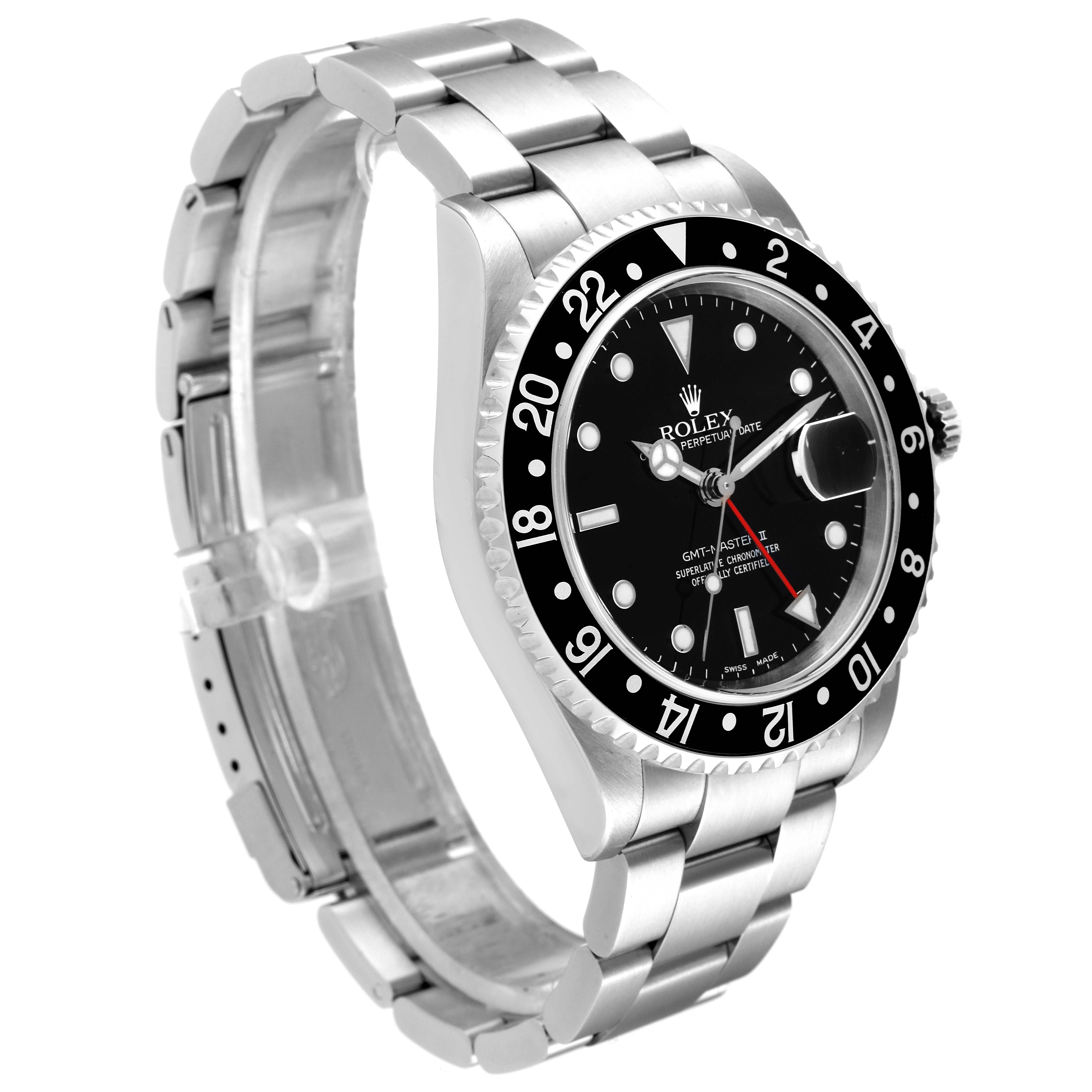 The image shows a left side angle of the Rolex GMT-Master 16710 Men
s Stainless Steel Black Dial 16710 Men
s Stainless Steel Black Dial II watch, highlighting its bezel, dial, and bracelet.