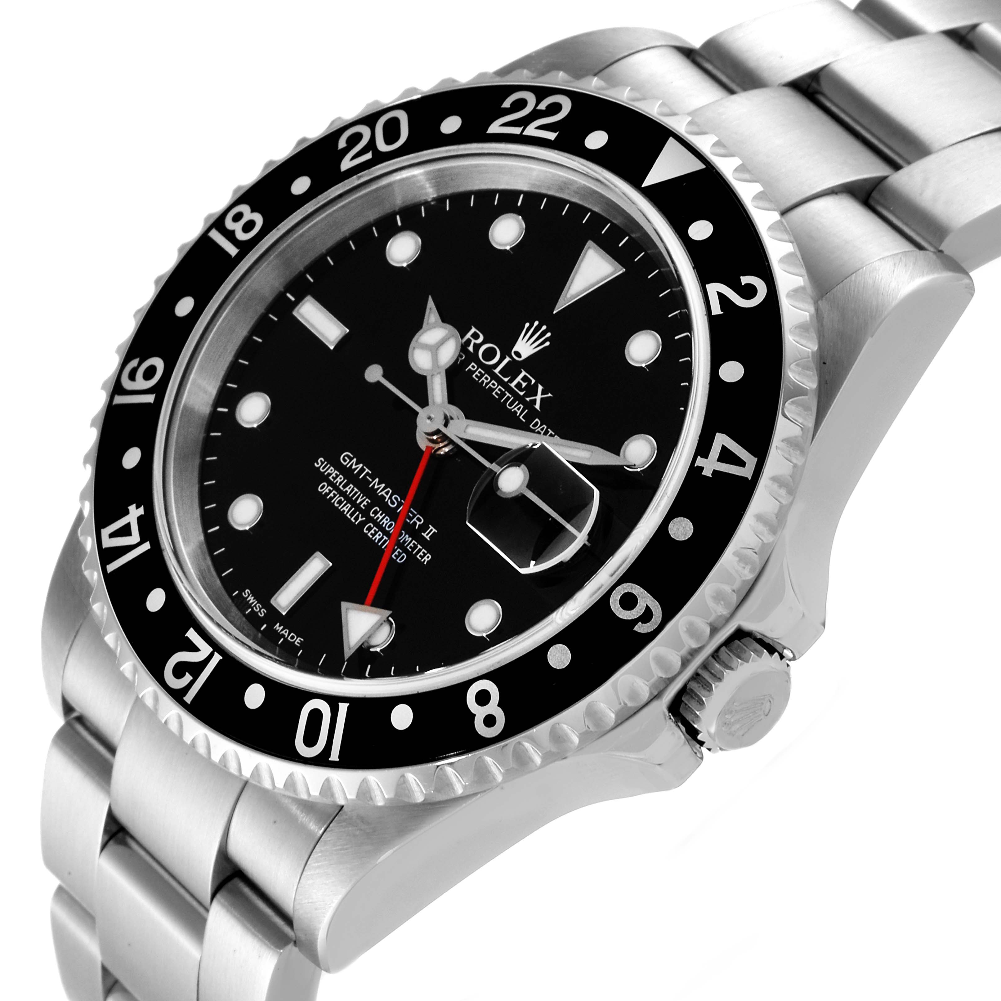 This Rolex GMT-Master 16710 Men
s Stainless Steel Black Dial 16710 Men
s Stainless Steel Black Dial watch is shown at an angled view, highlighting the dial, bezel, and part of the bracelet.