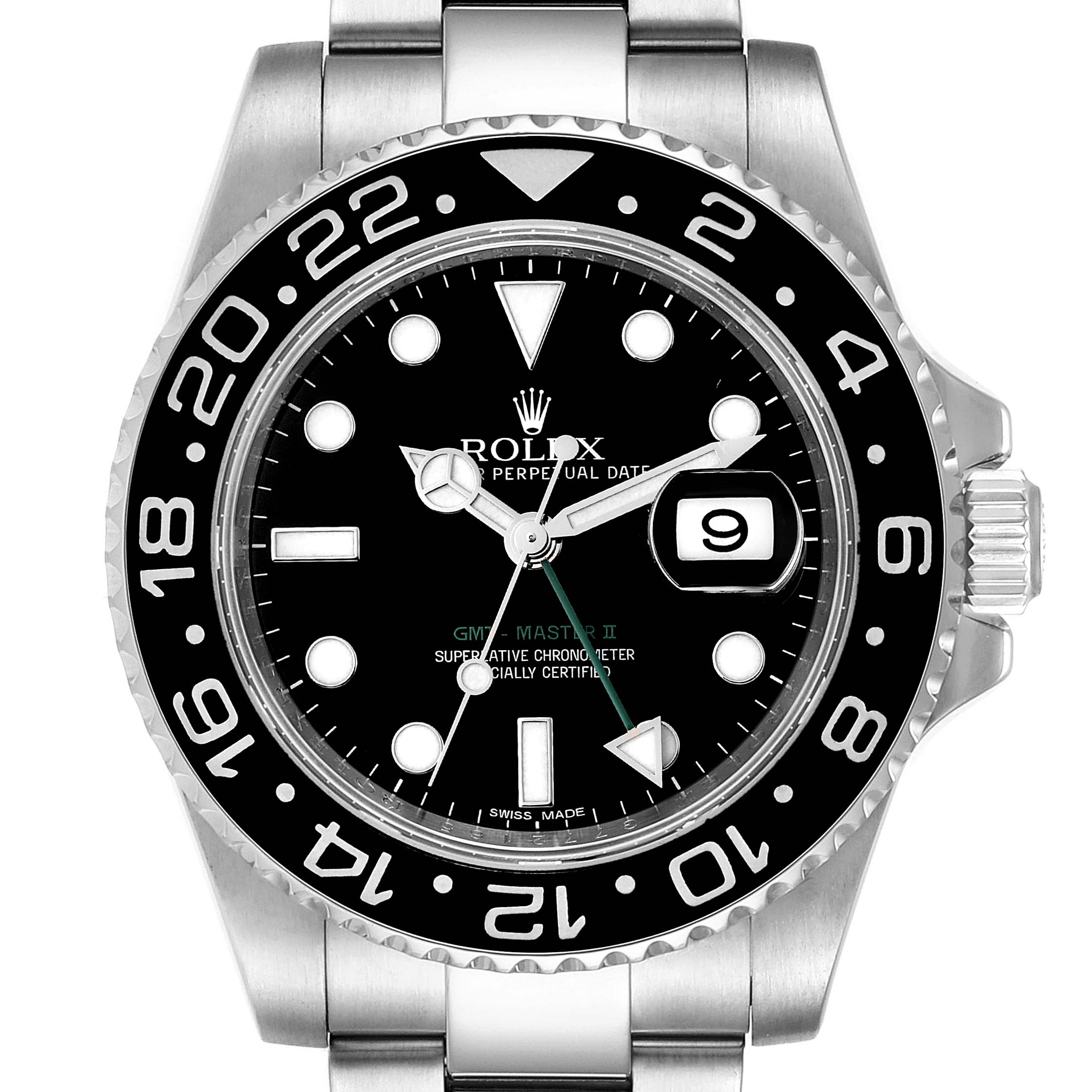 The image shows the Rolex GMT-Master 116710 Men
s Stainless Steel Black Dial 116710 Men
s Stainless Steel Black Dial II watch face from a front angle, highlighting the dial, bezel, date display, and part of the bracelet.