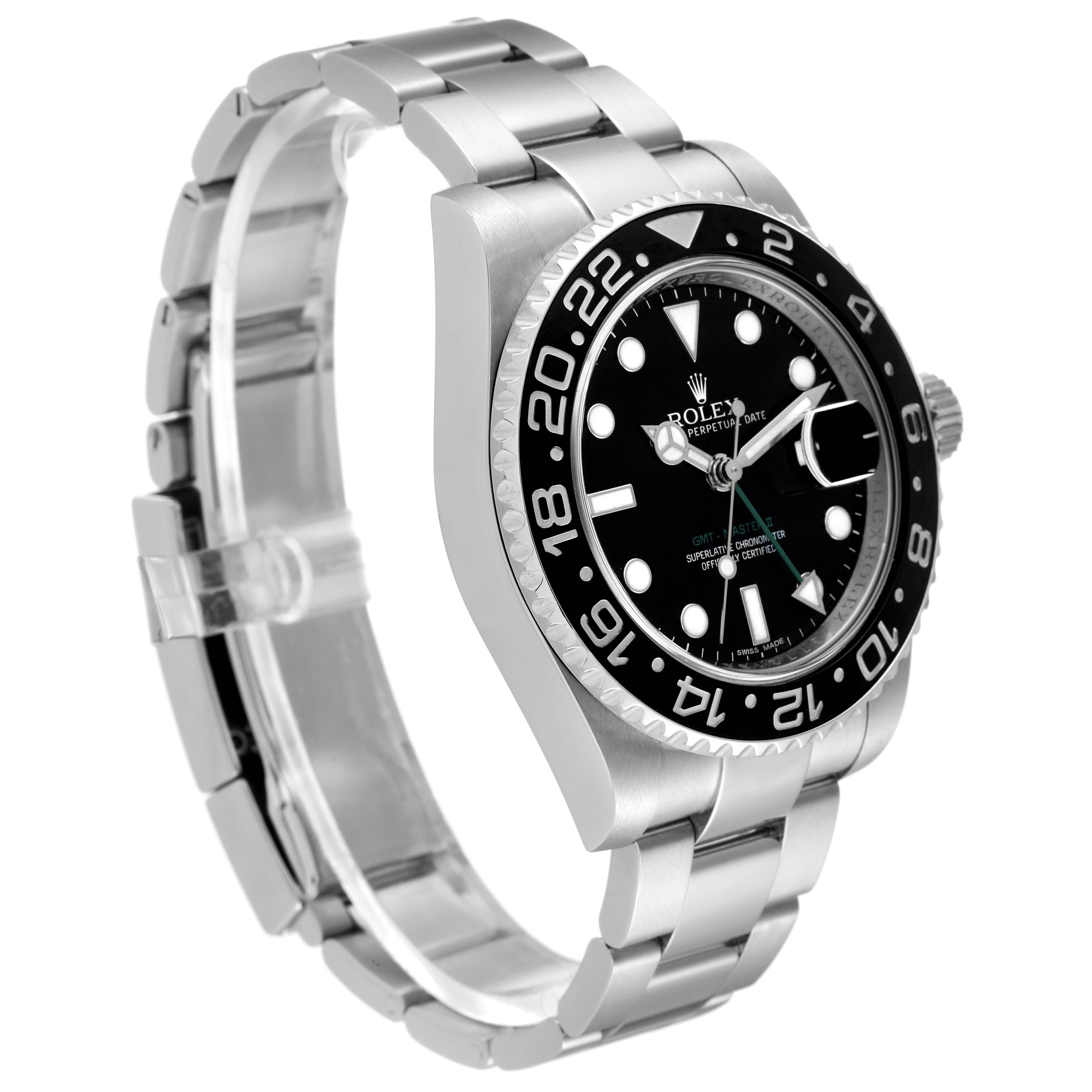 The image shows a side view of the Rolex GMT-Master 116710 Men
s Stainless Steel Black Dial 116710 Men
s Stainless Steel Black Dial watch, showcasing its bracelet, case, and bezel.