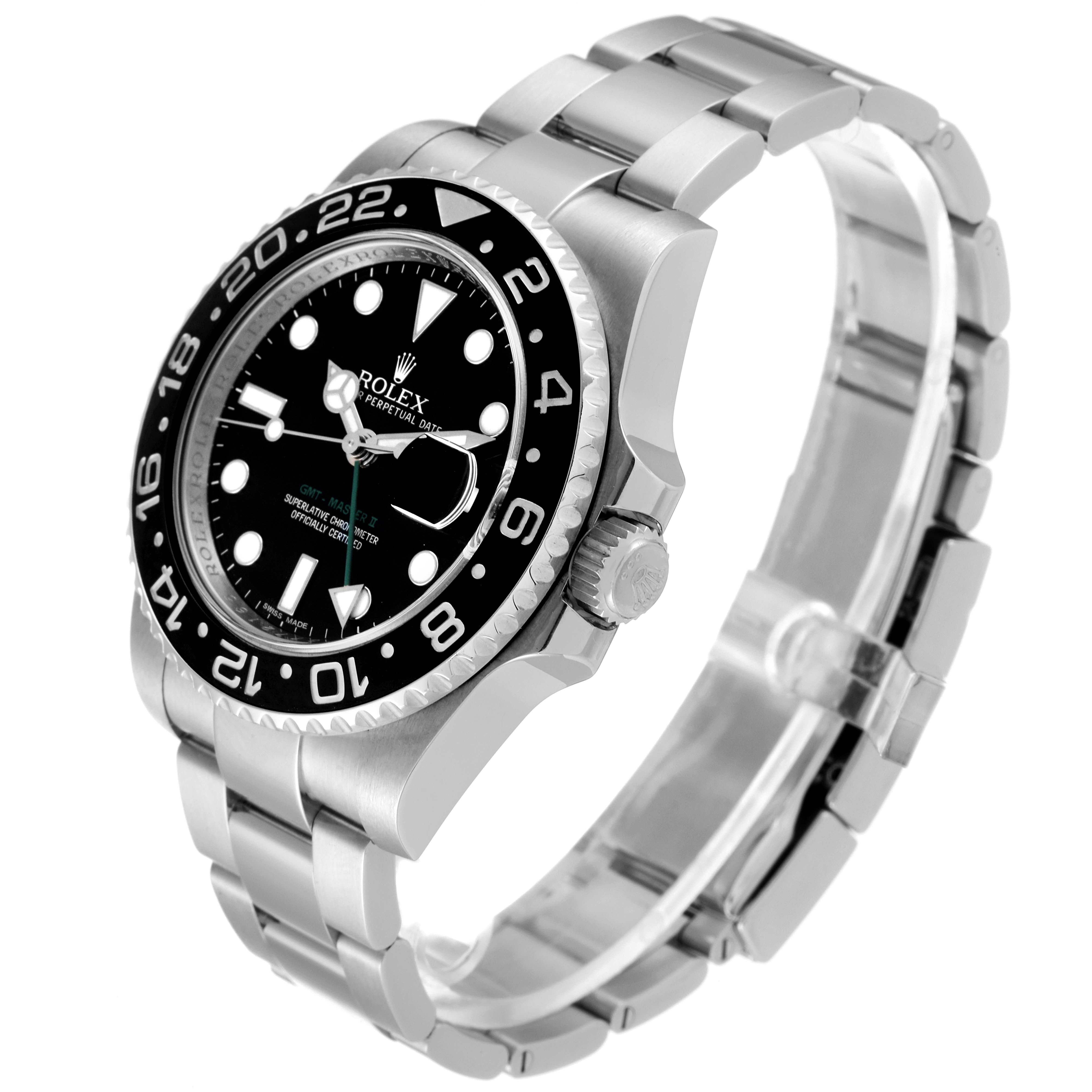 This Rolex GMT-Master 116710 Men
s Stainless Steel Black Dial 116710 Men
s Stainless Steel Black Dial watch is shown at a three-quarter view angle, highlighting the face, bezel, crown, and bracelet.